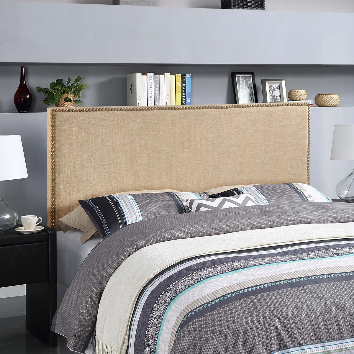 Region Nailhead Upholstered Queen Headboard - Cafe