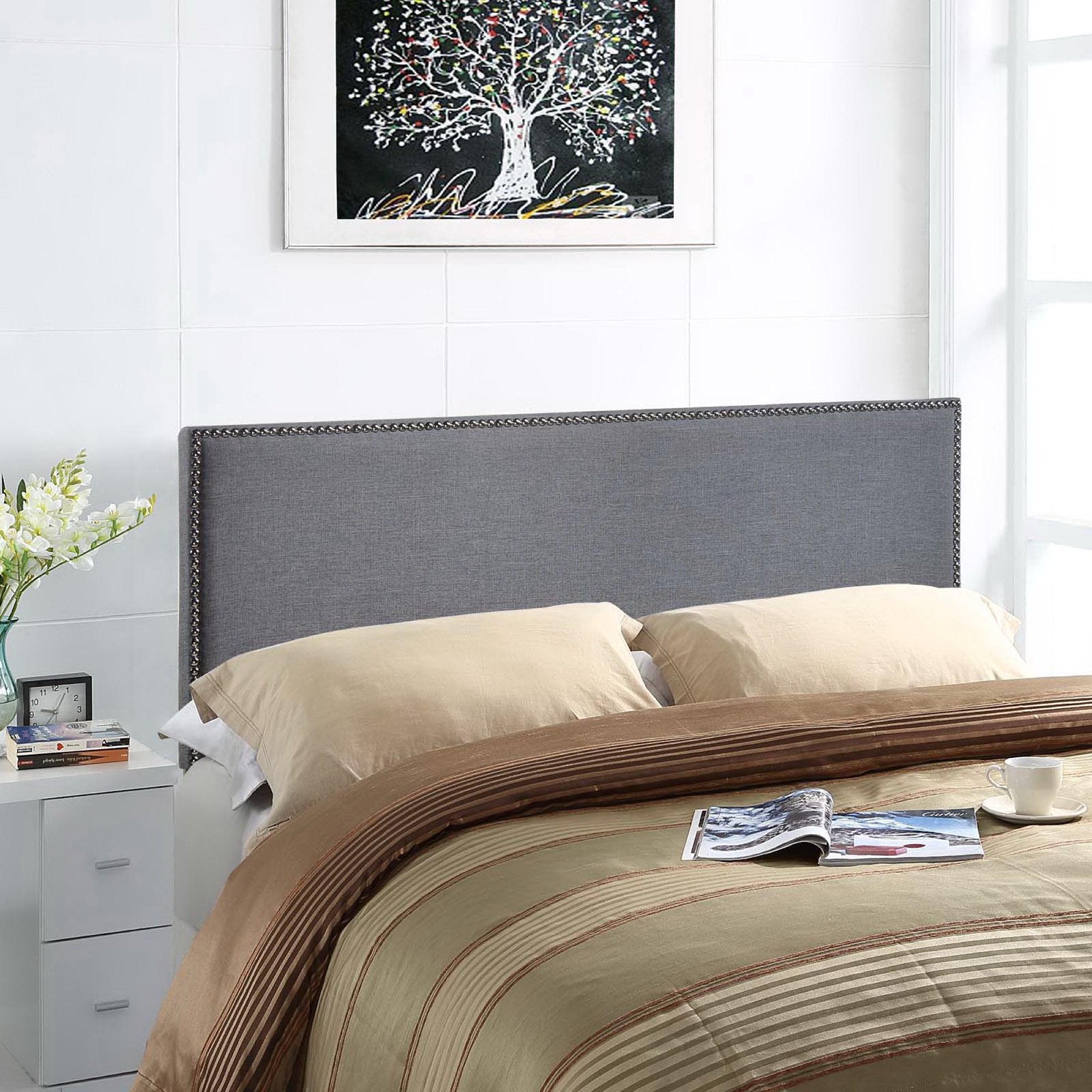 Region Nailhead Upholstered Queen Headboard - Smoke
