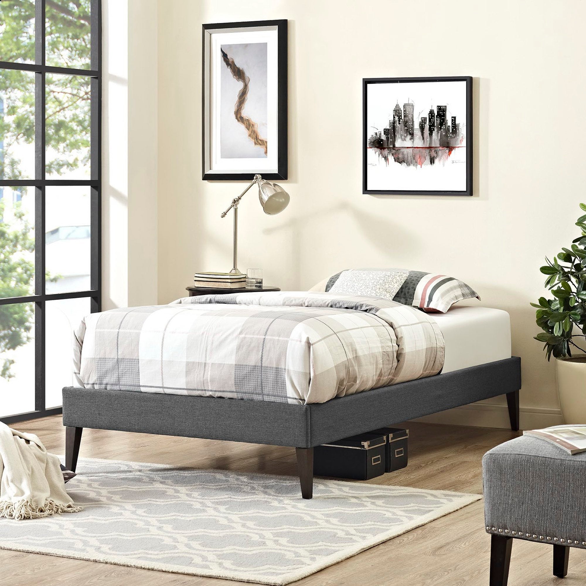 Sharon Fabric Twin Bed Frame with Squared Tapered Legs - Gray