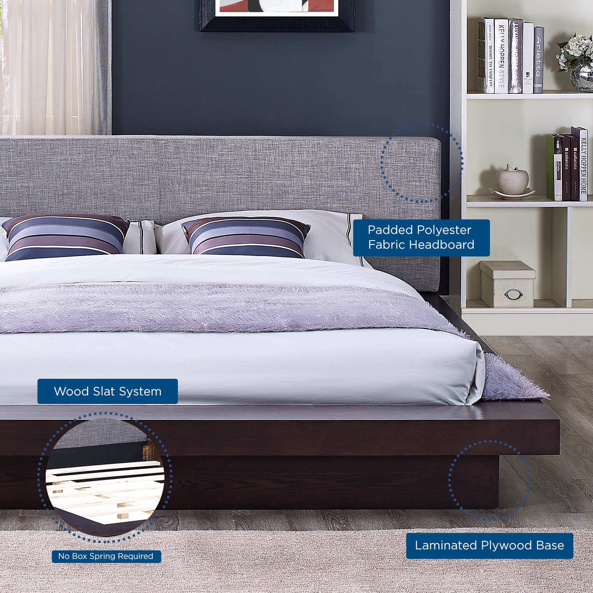 Freja Fabric Queen Platform Bed - Cappuccino Gray