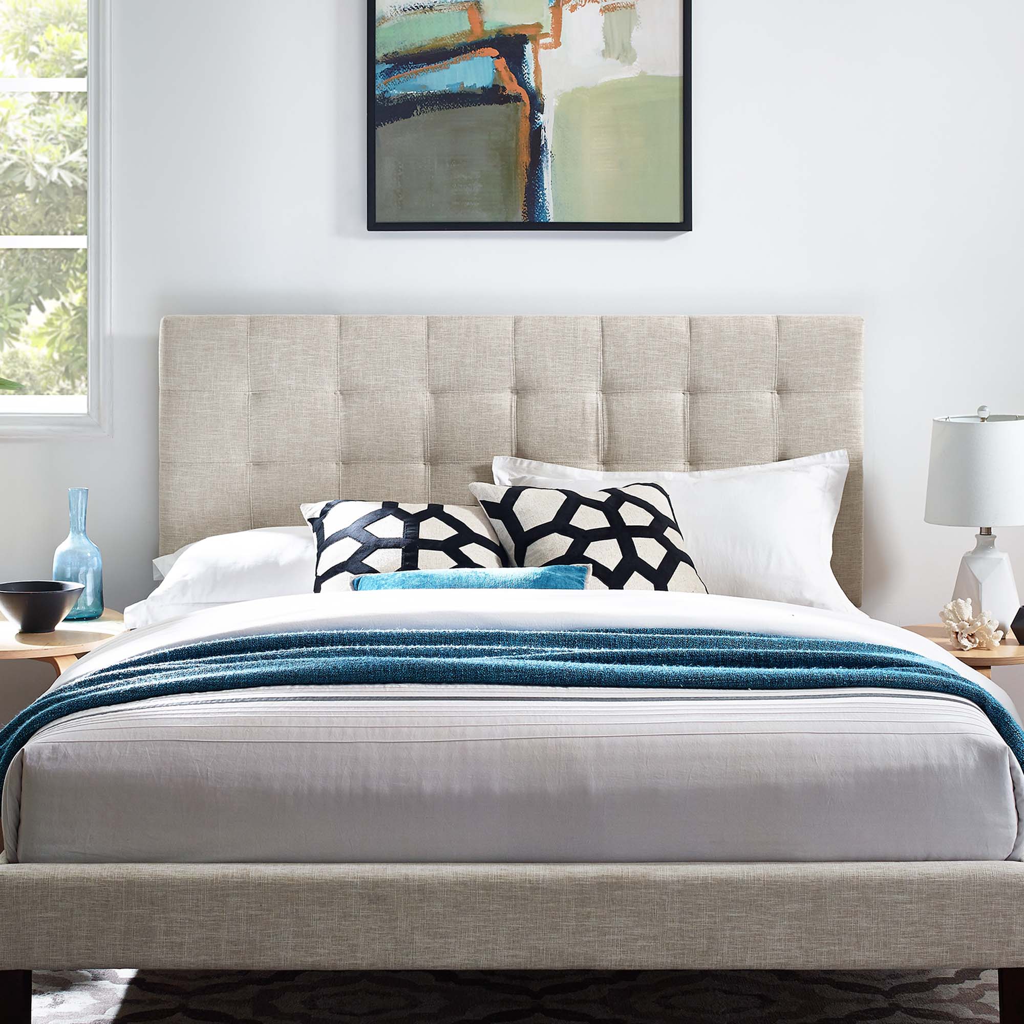 Paisley Tufted Upholstered Linen Fabric King and California King Headboard - Beige