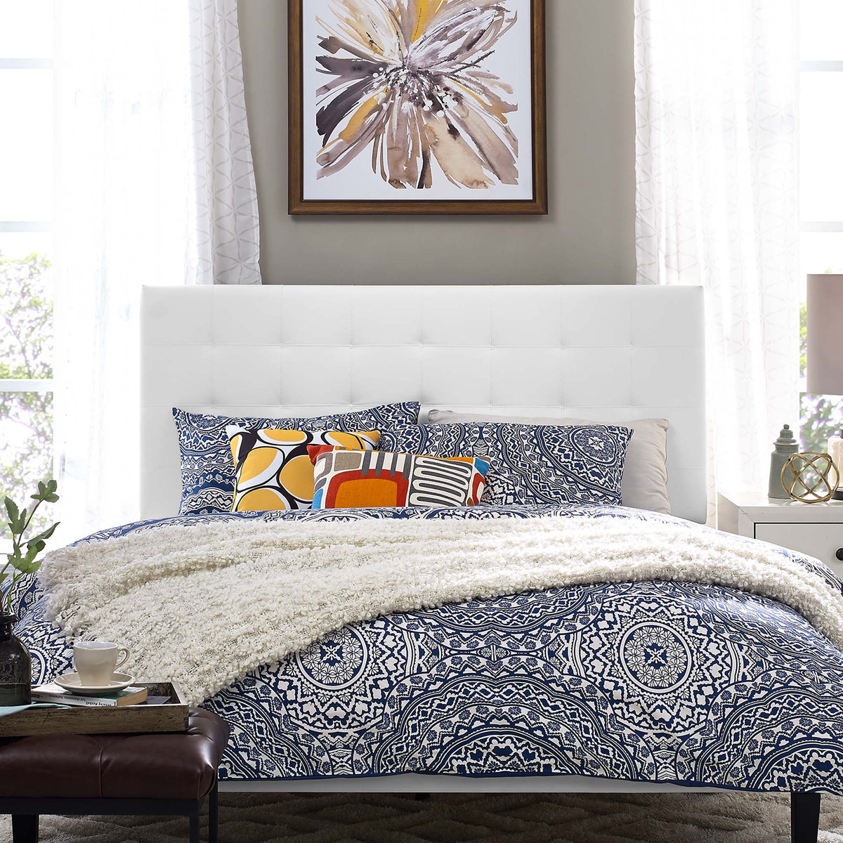 Paisley Tufted Upholstered Faux Leather King and California King Headboard - White