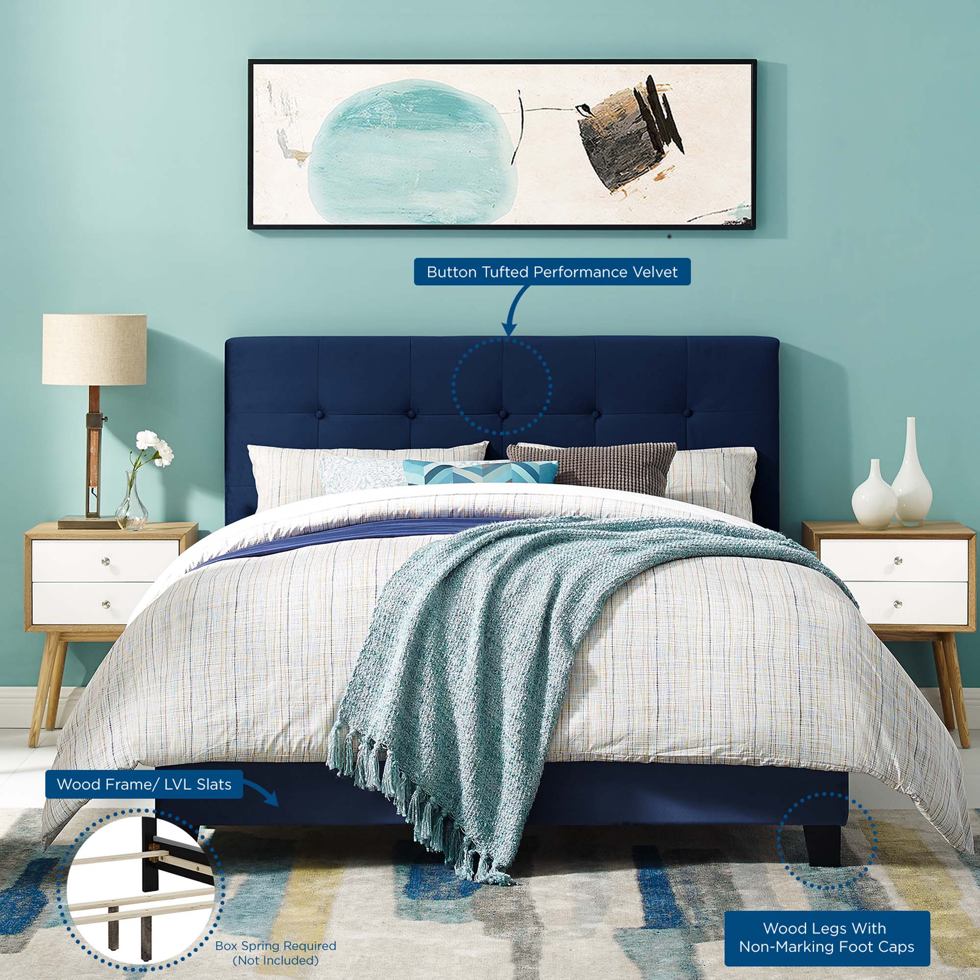 Amira Performance Velvet Full Bed - Midnight Blue