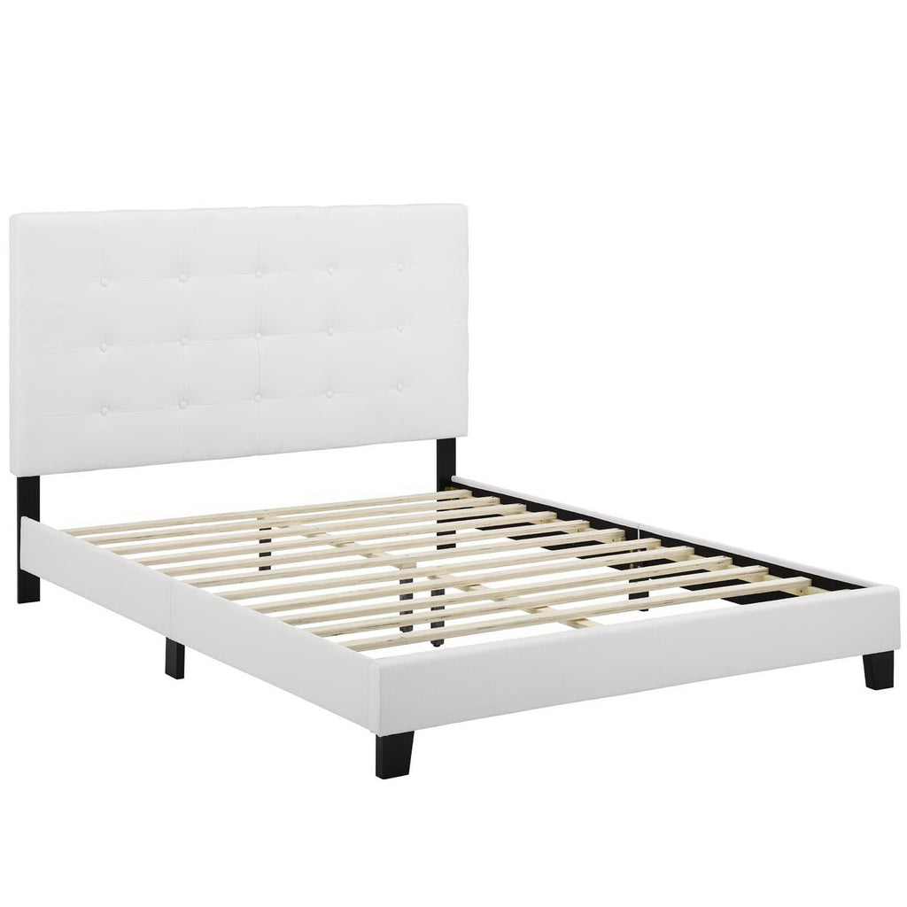 Melanie Tufted Button Upholstered Fabric Full Platform Bed - White