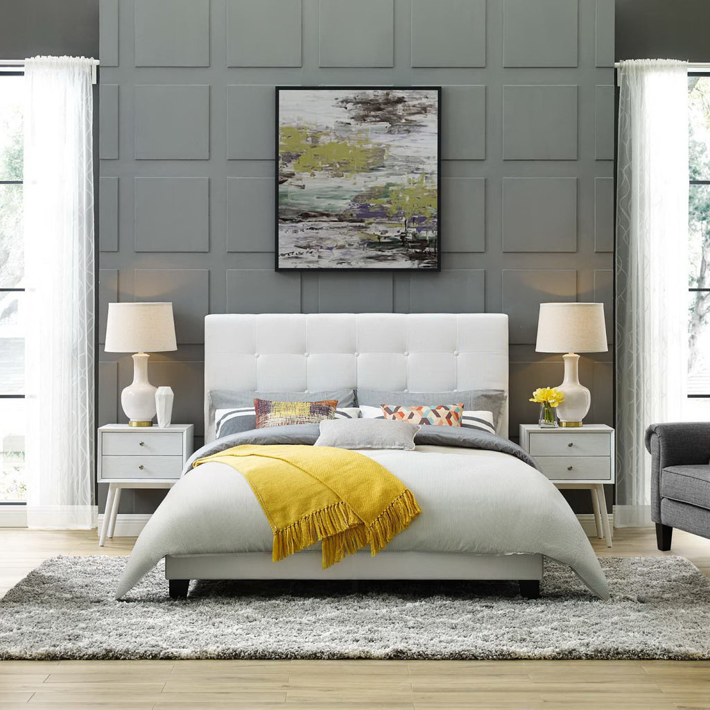 Melanie Tufted Button Upholstered Fabric Full Platform Bed - White