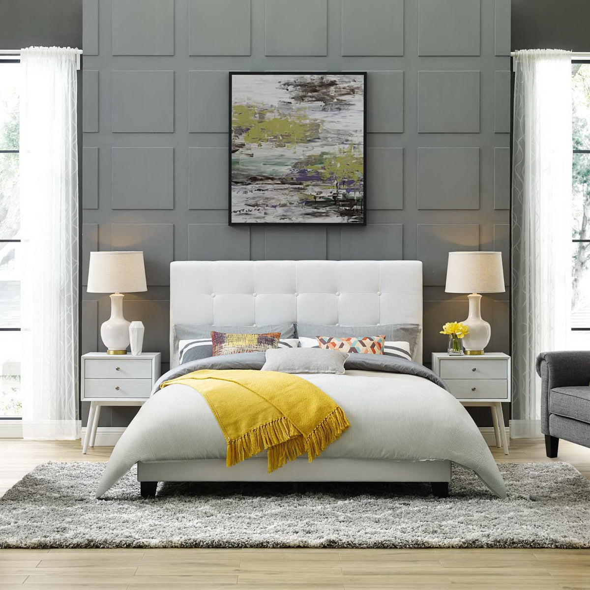 Melanie Tufted Button Upholstered Fabric Full Platform Bed - White