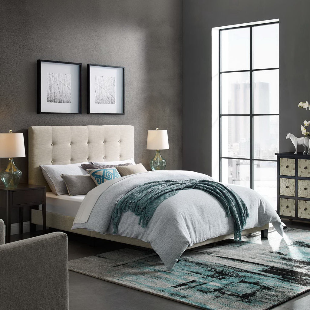 Melanie Tufted Button Upholstered Fabric Queen Platform Bed - Beige