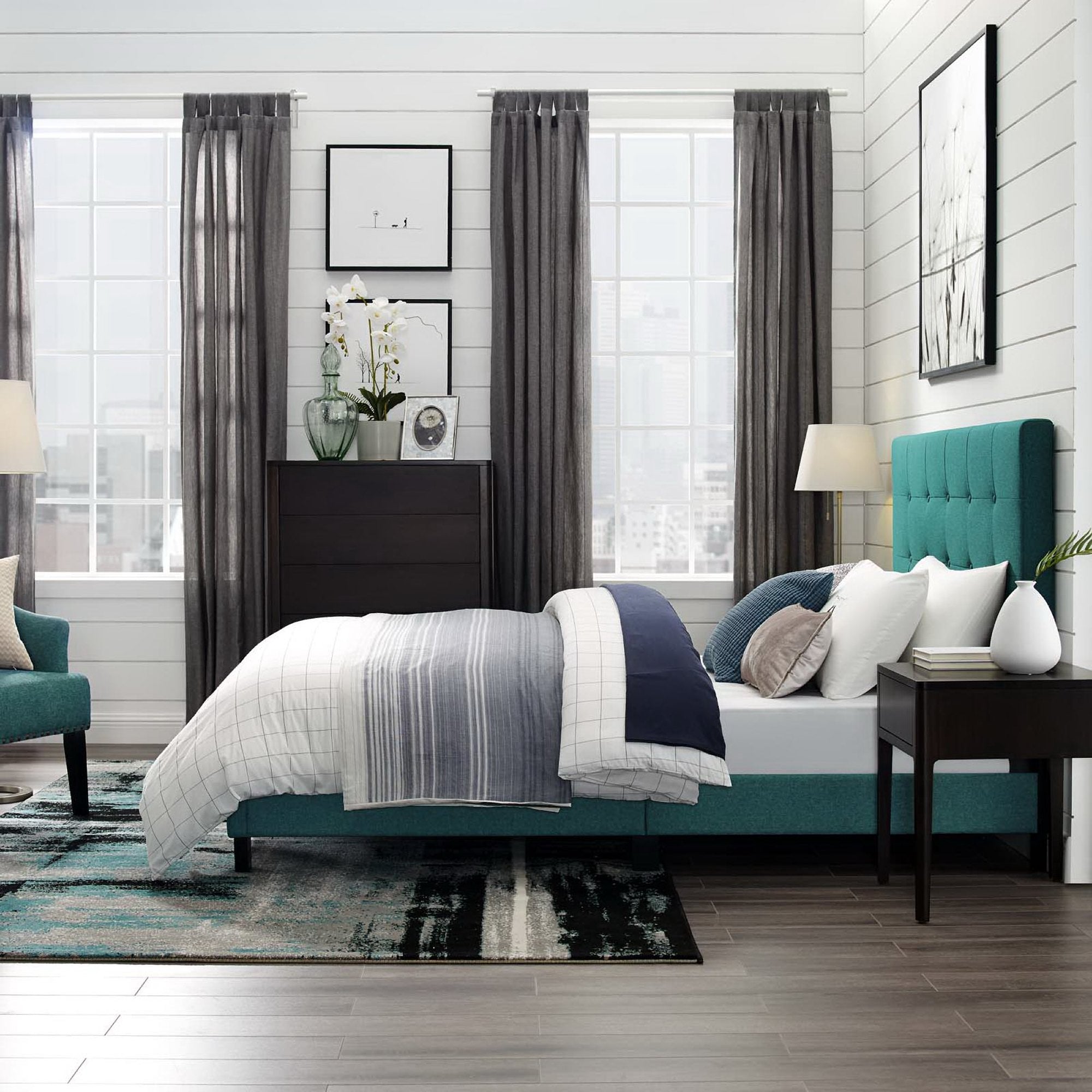 Melanie Tufted Button Upholstered Fabric Queen Platform Bed - Teal