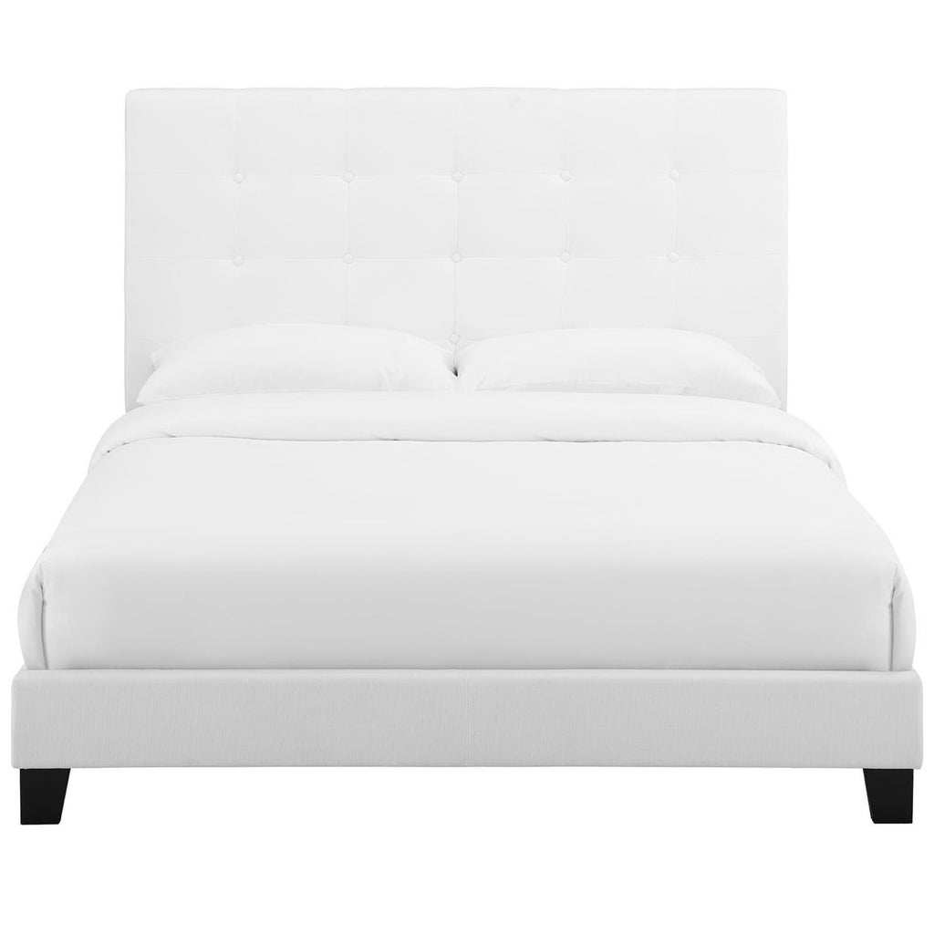 Melanie Tufted Button Upholstered Fabric Queen Platform Bed - White