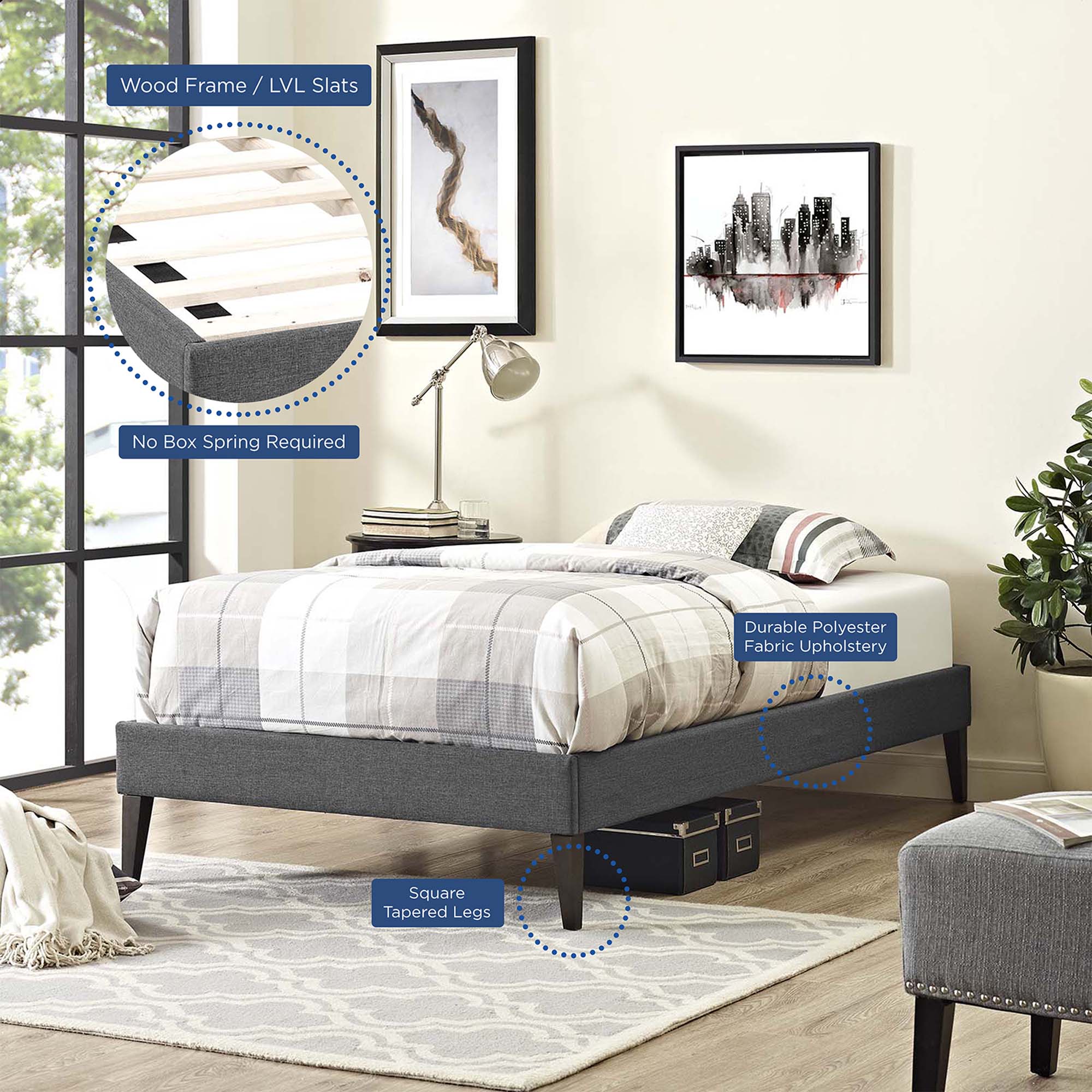 Tessie Fabric Twin Bed Frame with Squared Tapered Legs - Gray