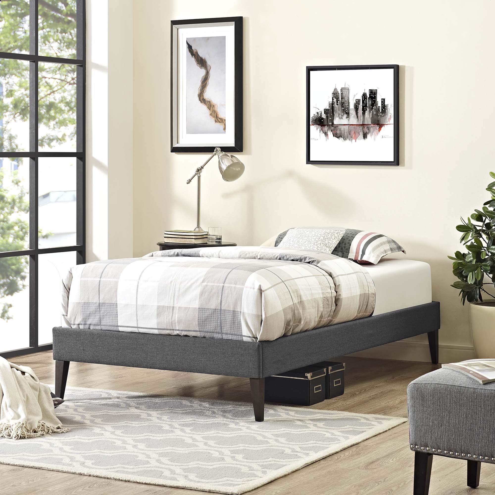 Tessie Fabric Twin Bed Frame with Squared Tapered Legs - Gray