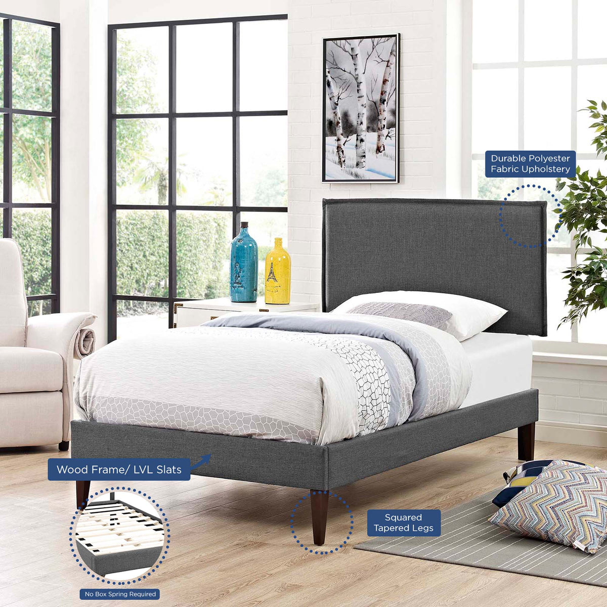 Amaris Fabric Twin Platform Bed with Squared Tapered Legs - Gray