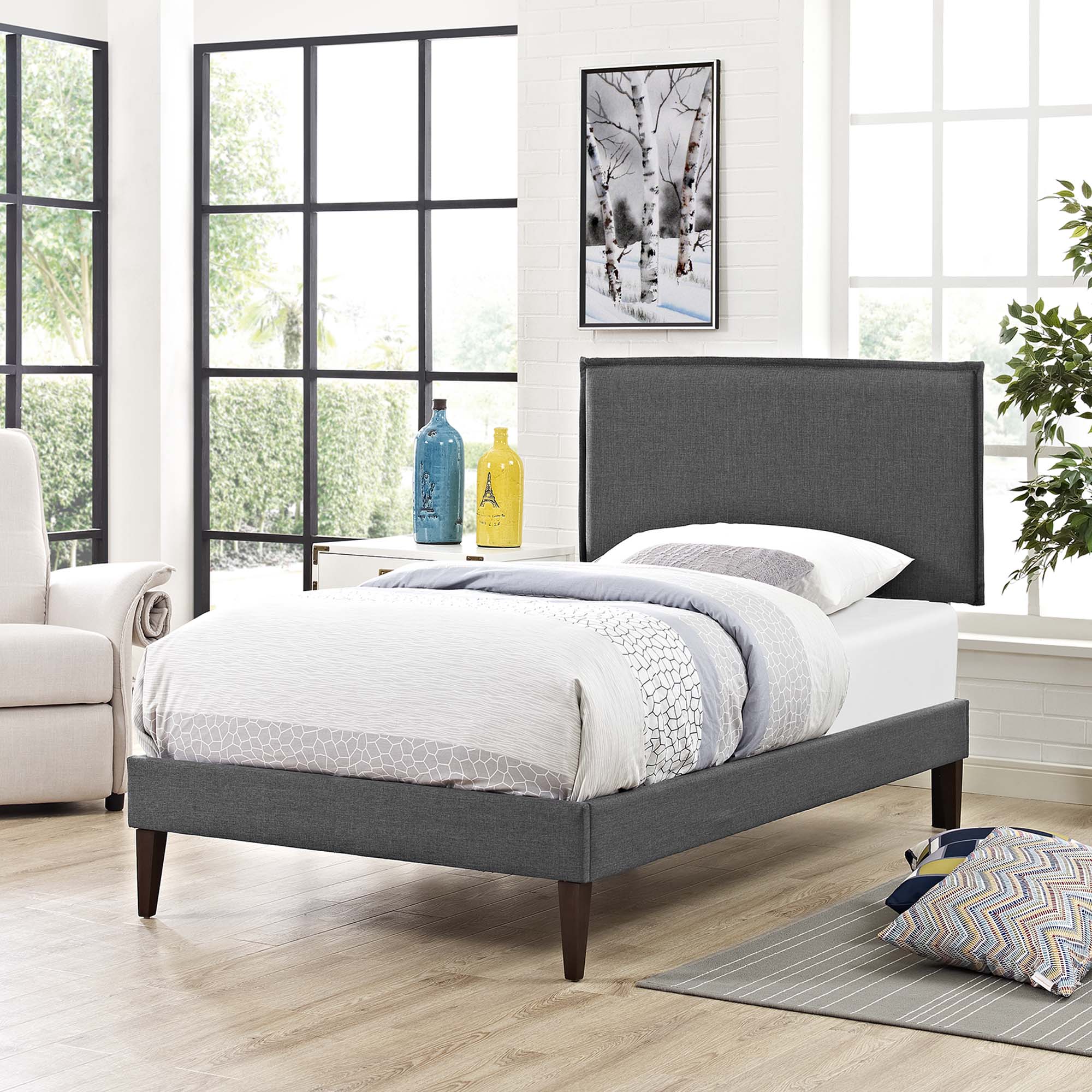 Amaris Fabric Twin Platform Bed with Squared Tapered Legs - Gray