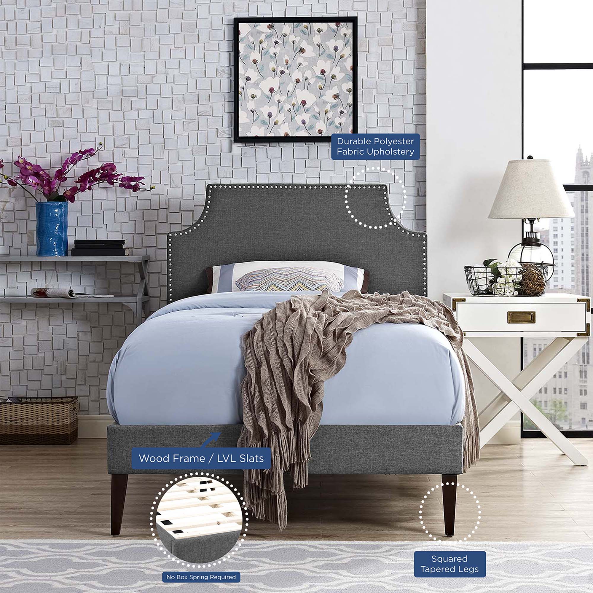 Corene Fabric Twin Platform Bed with Squared Tapered Legs - Gray