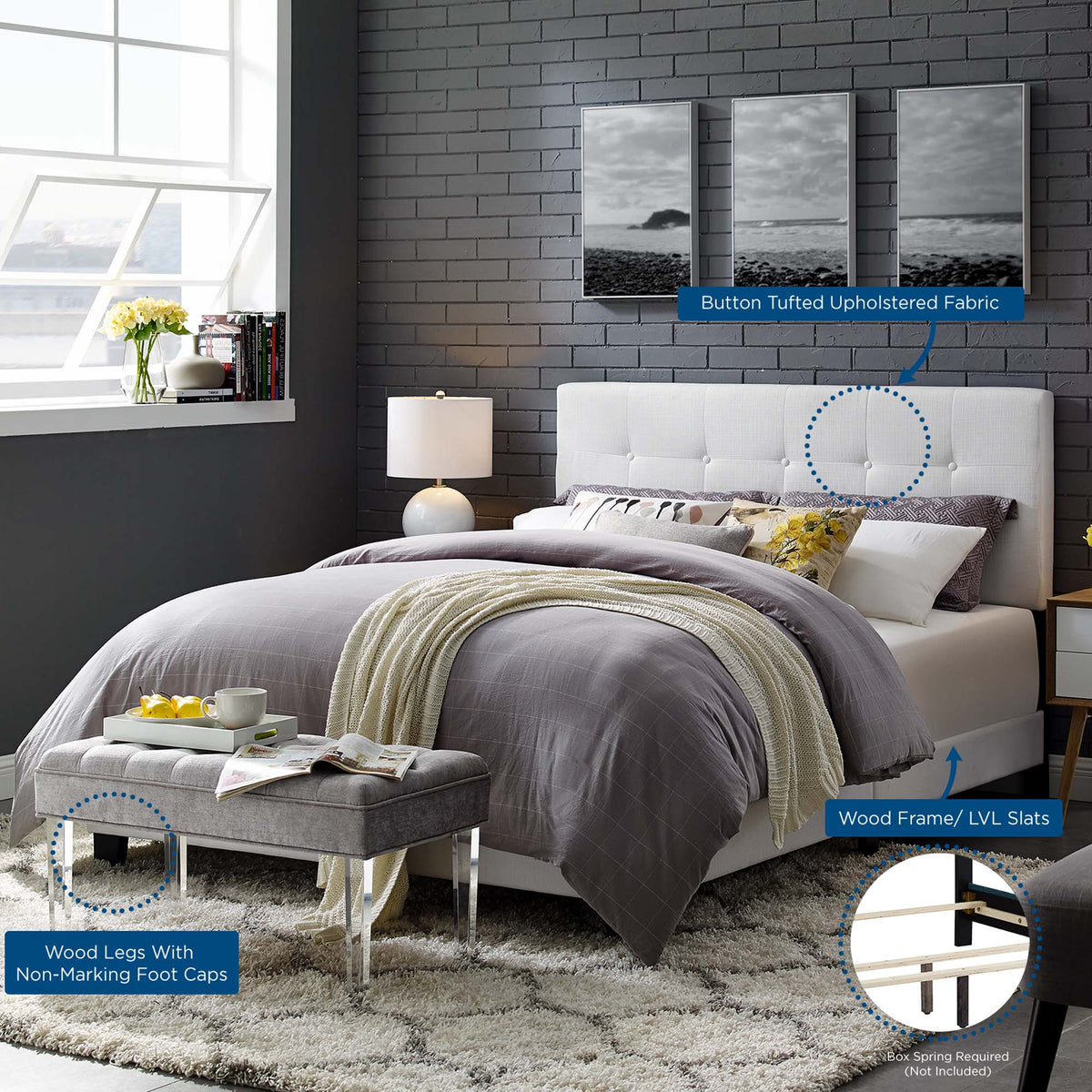 Amira Upholstered Fabric Full Bed - White