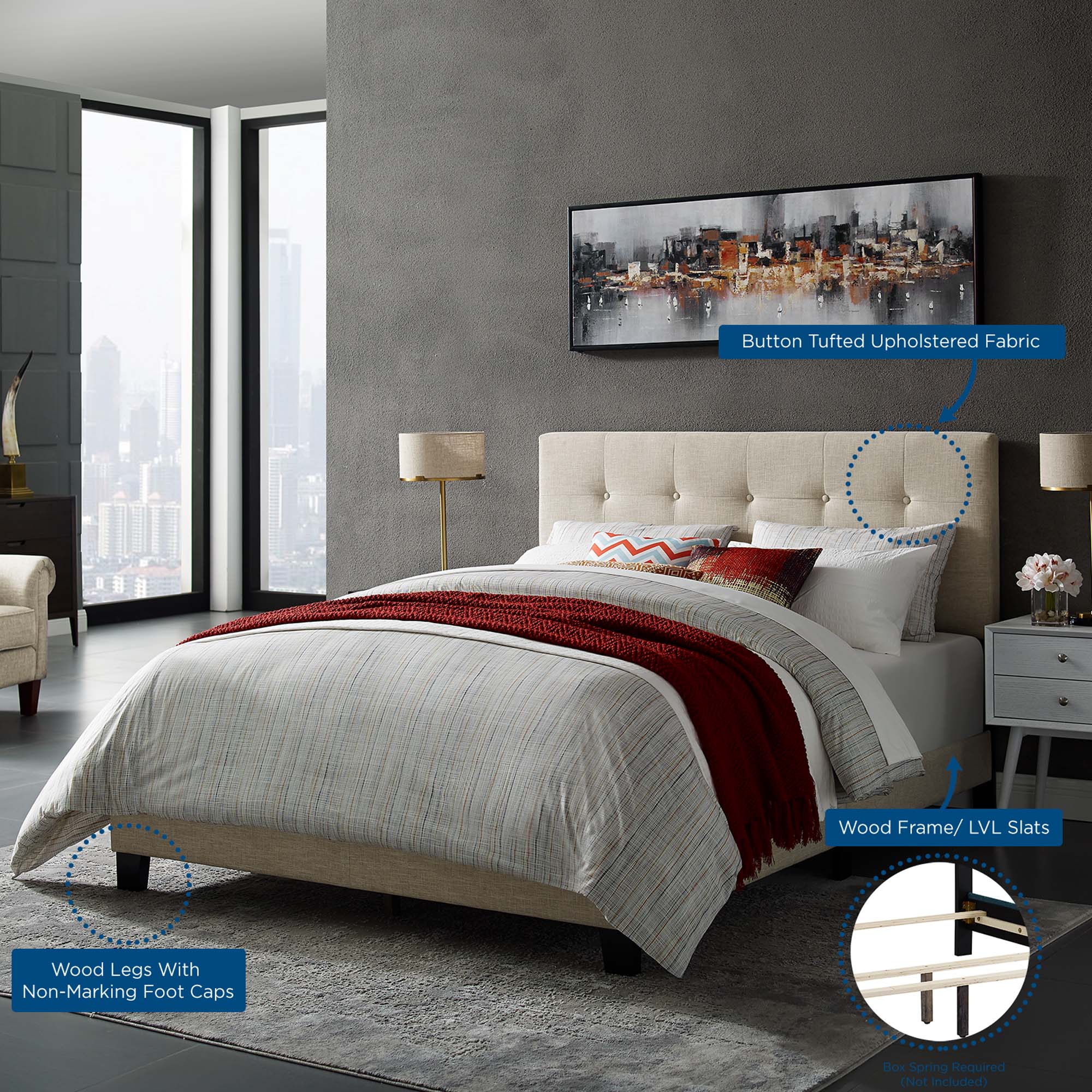 Amira Upholstered Fabric Queen Bed - Beige