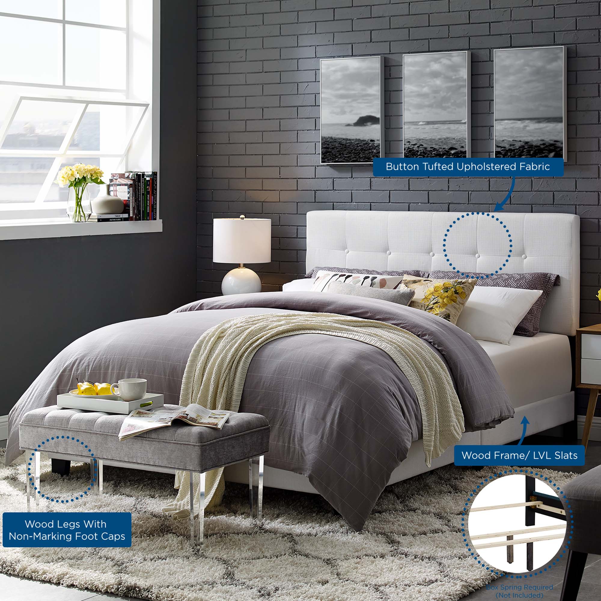 Amira Upholstered Fabric Queen Bed - White