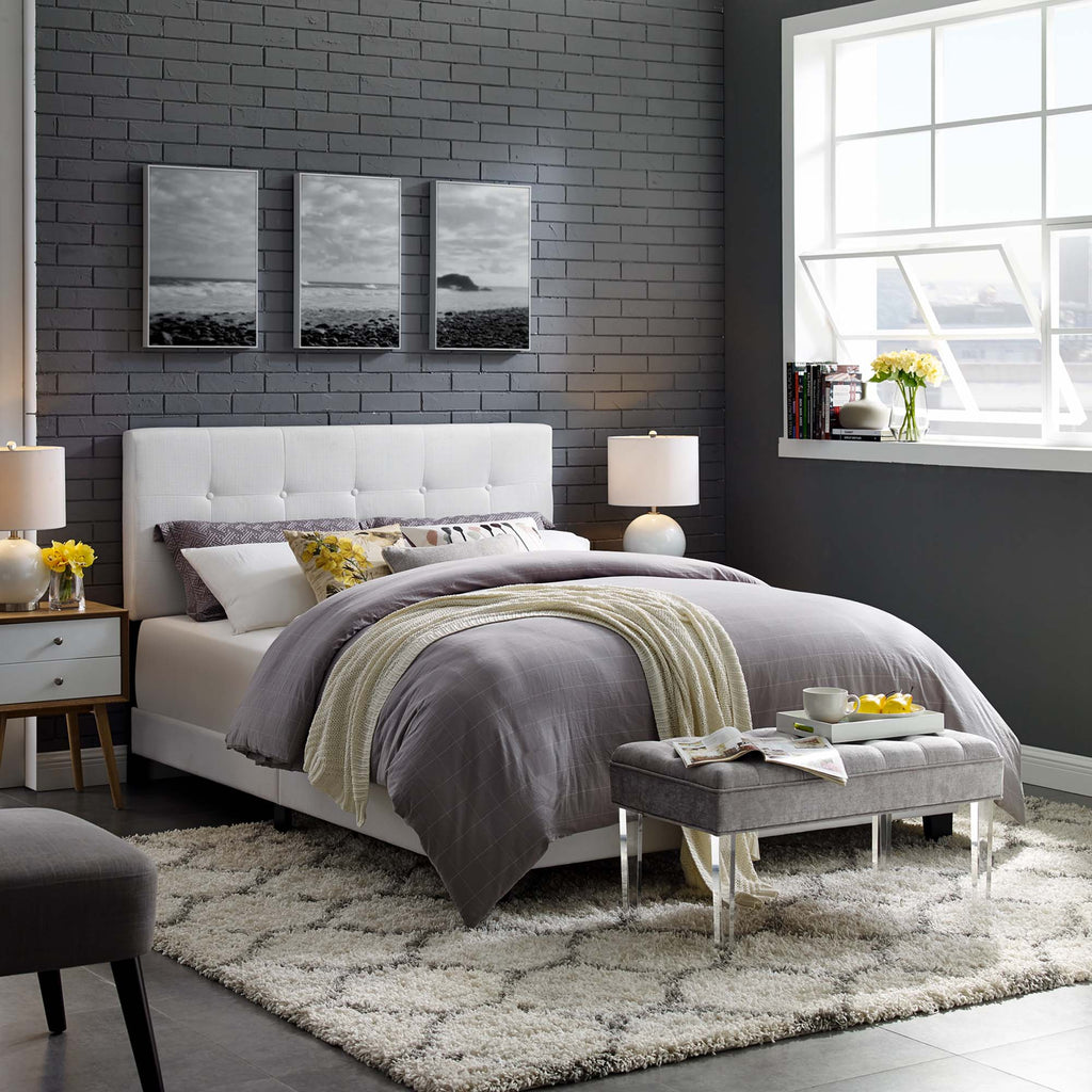 Amira Upholstered Fabric Queen Bed - White