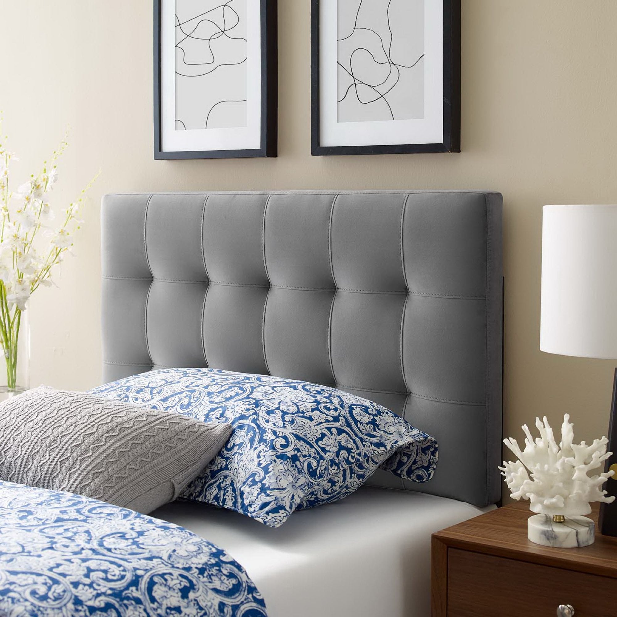 Lily Biscuit Tufted Performance Velvet Twin Headboard - Gray