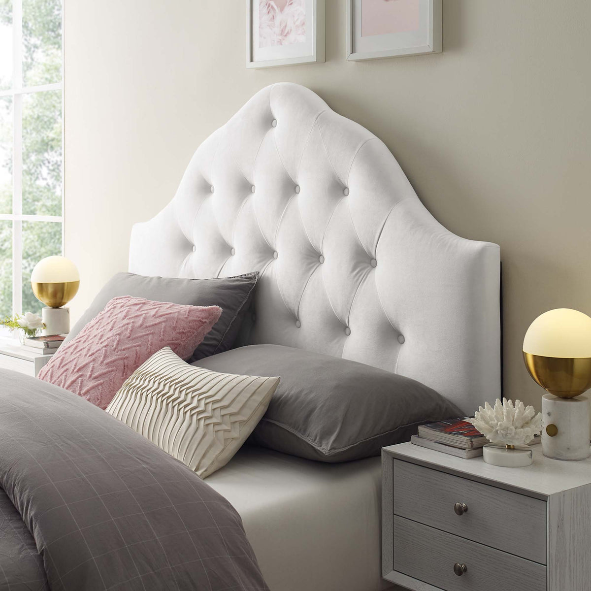 Sovereign Diamond Tufted Performance Velvet Queen Headboard - White