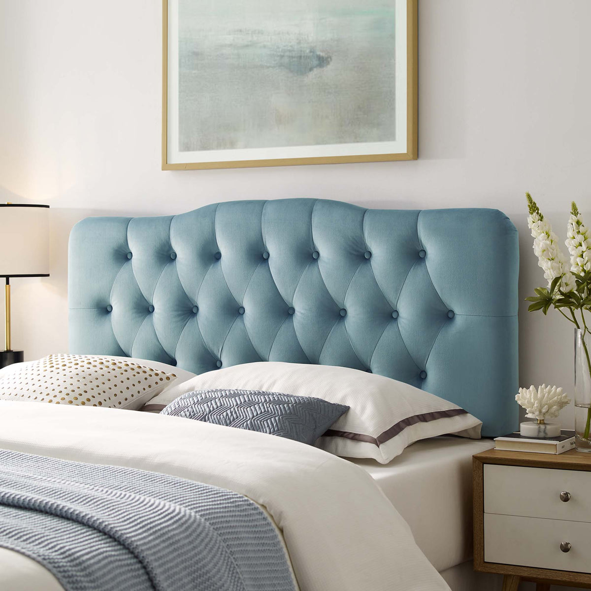 Annabel Diamond Tufted Performance Velvet Full Headboard - Light Blue