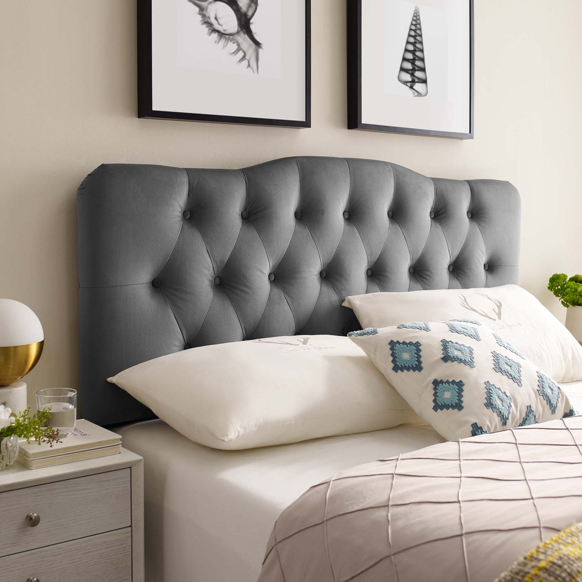 Annabel Diamond Tufted Performance Velvet Queen Headboard - Gray