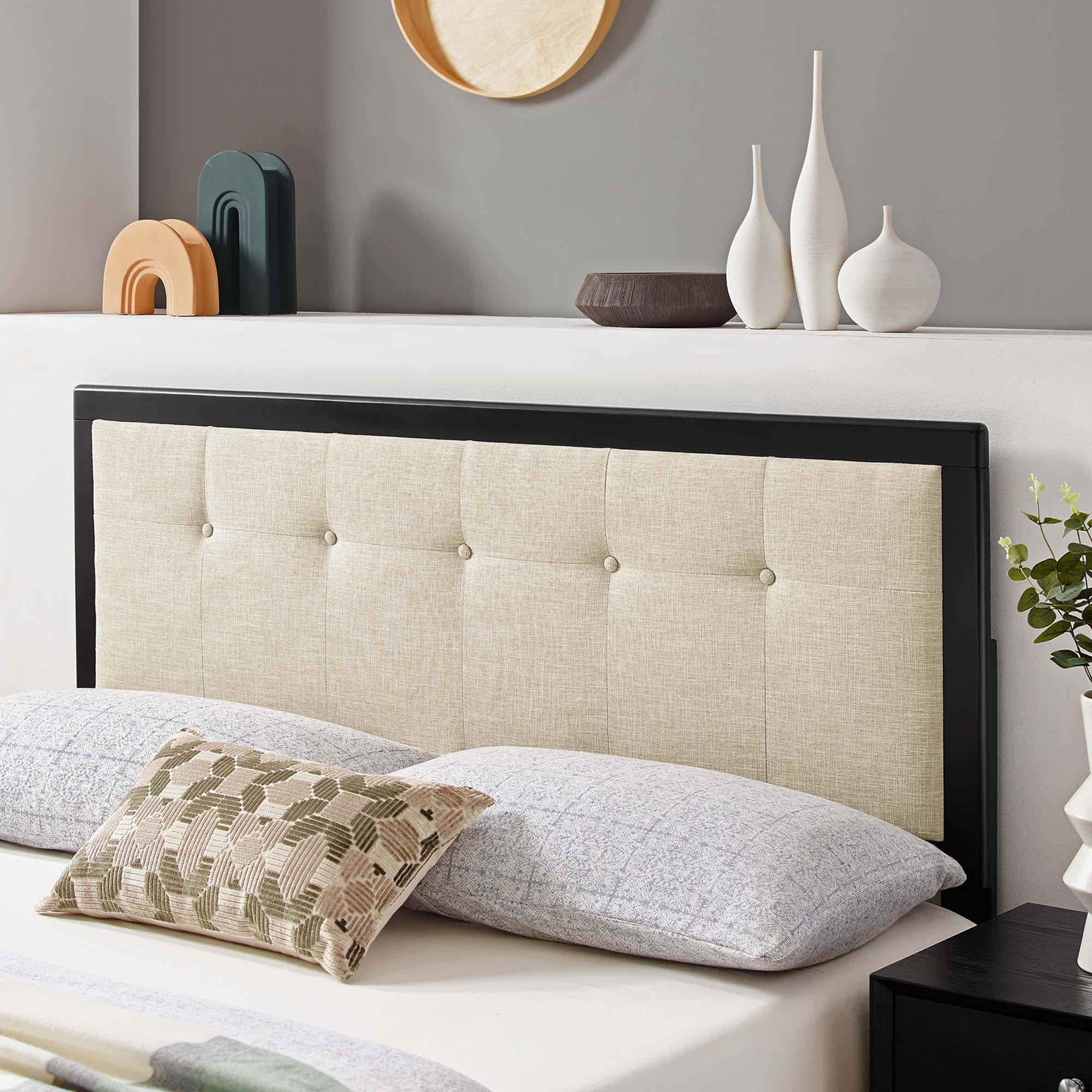 Draper Tufted Fabric and Wood Queen Headboard - Black Beige
