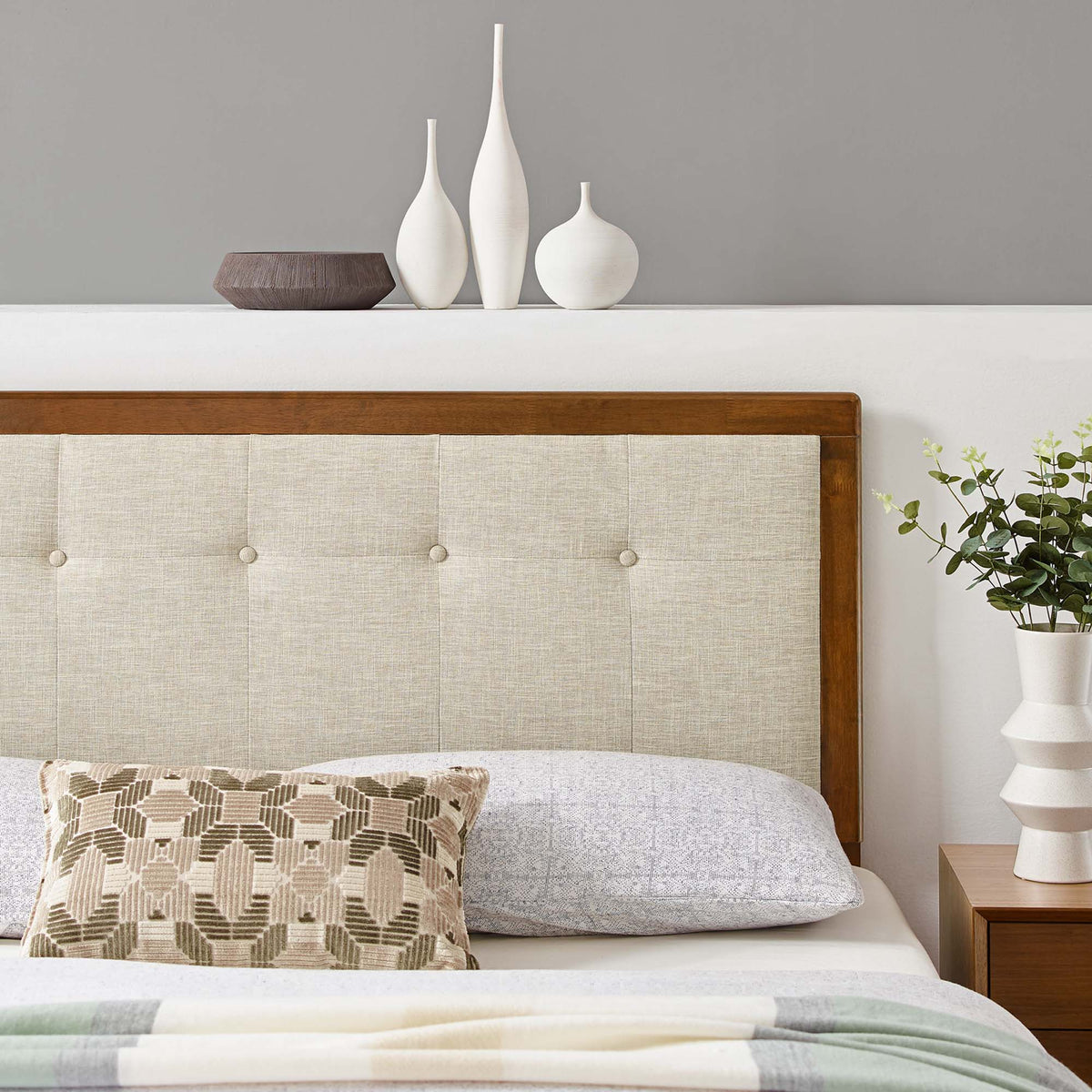 Draper Tufted Fabric and Wood King Headboard - Walnut Beige