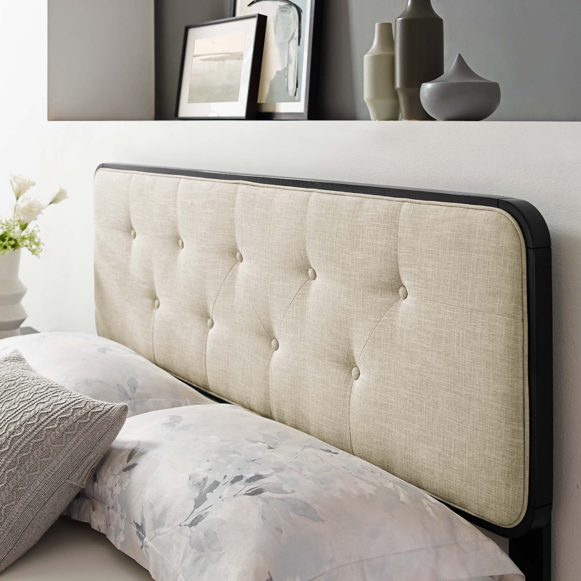 Collins Tufted Fabric and Wood Full Headboard - Black Beige