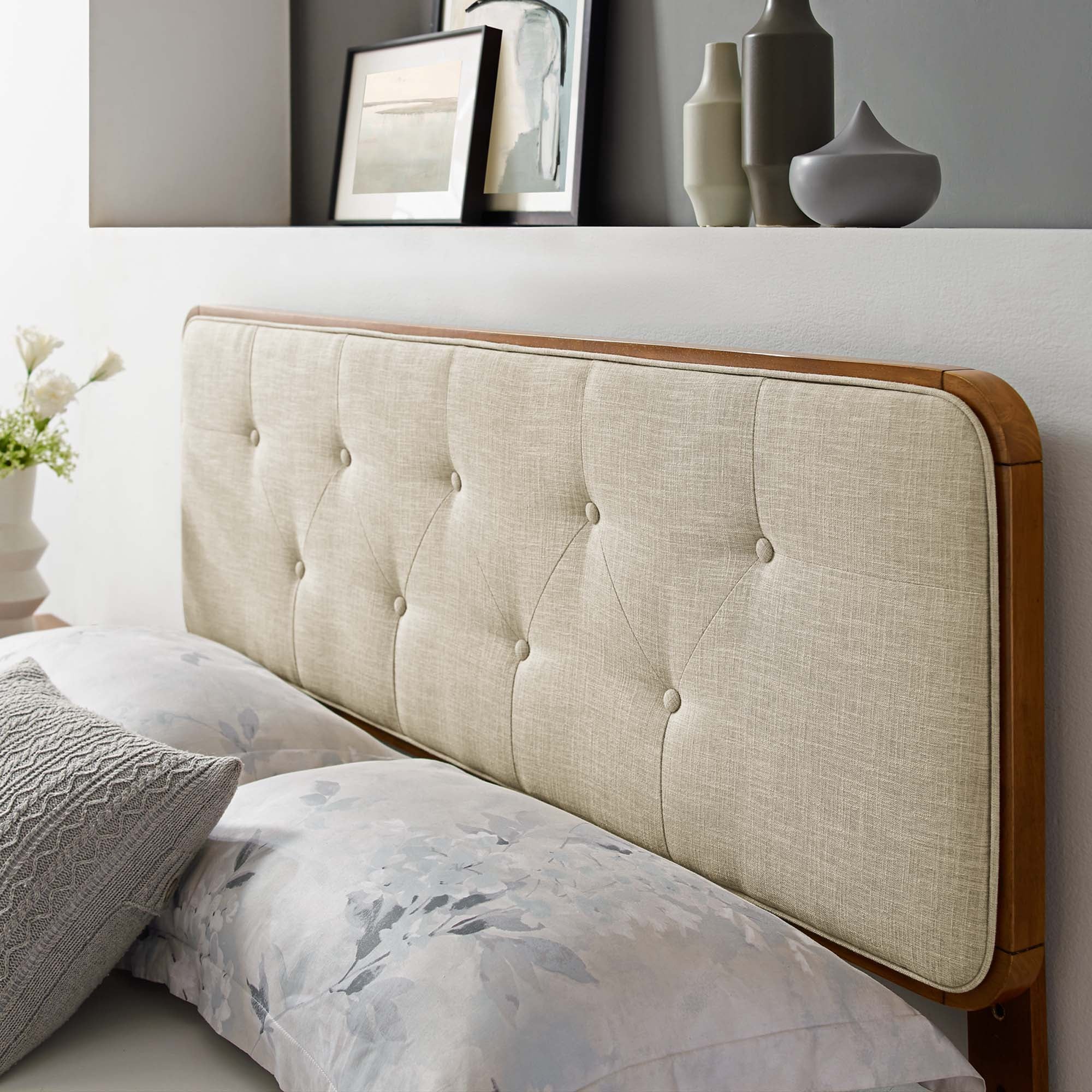 Collins Tufted Fabric and Wood Full Headboard - Walnut Beige