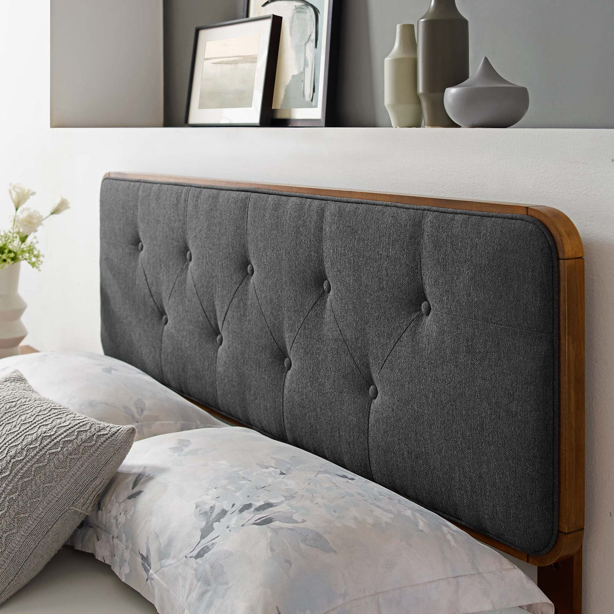 Collins Tufted Fabric and Wood Full Headboard - Walnut Charcoal