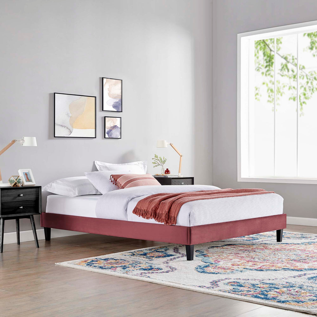 Reign Performance Velvet Twin Platform Bed Frame - Dusty Rose