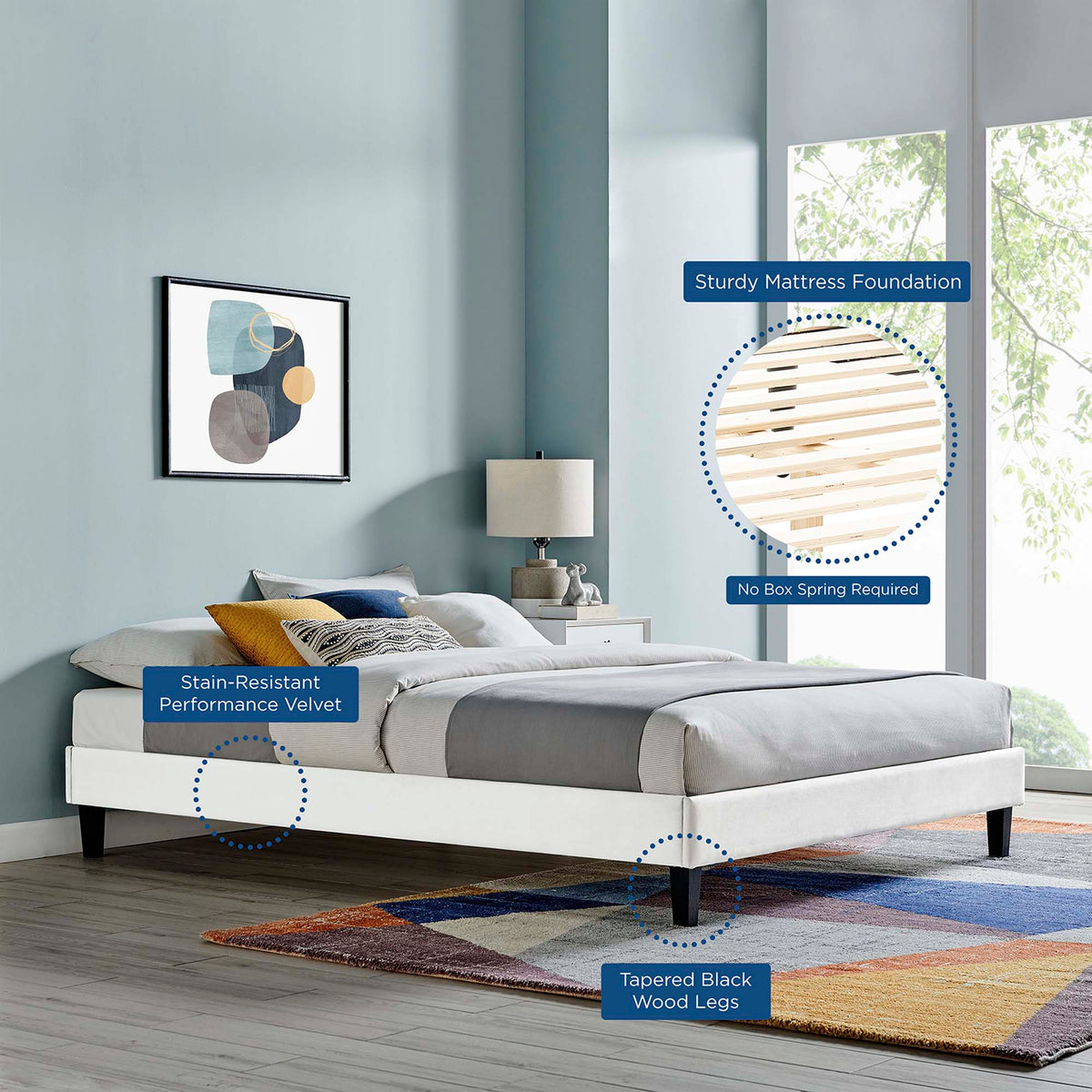 Reign Performance Velvet Twin Platform Bed Frame - White
