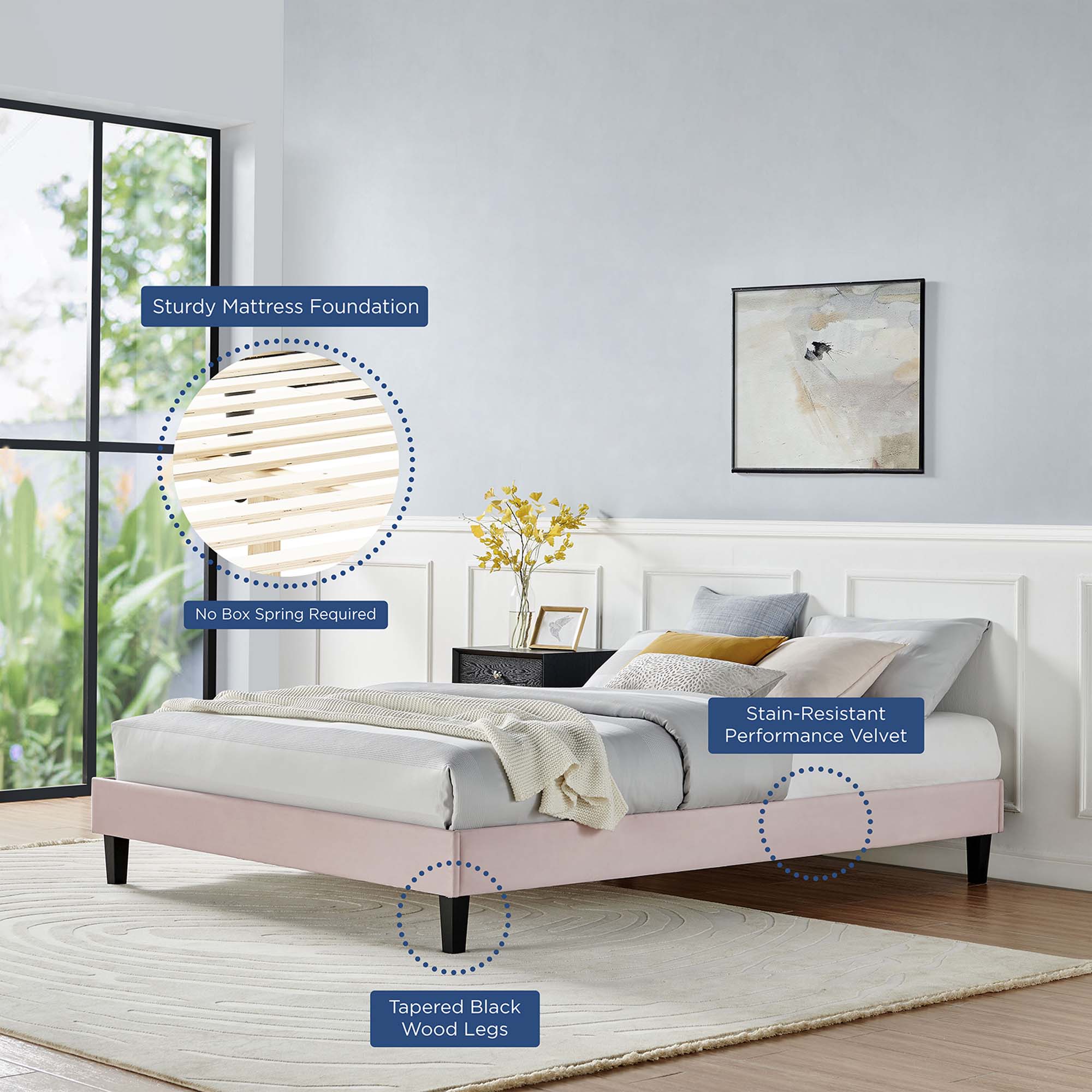 Reign Performance Velvet Full Platform Bed Frame - Pink