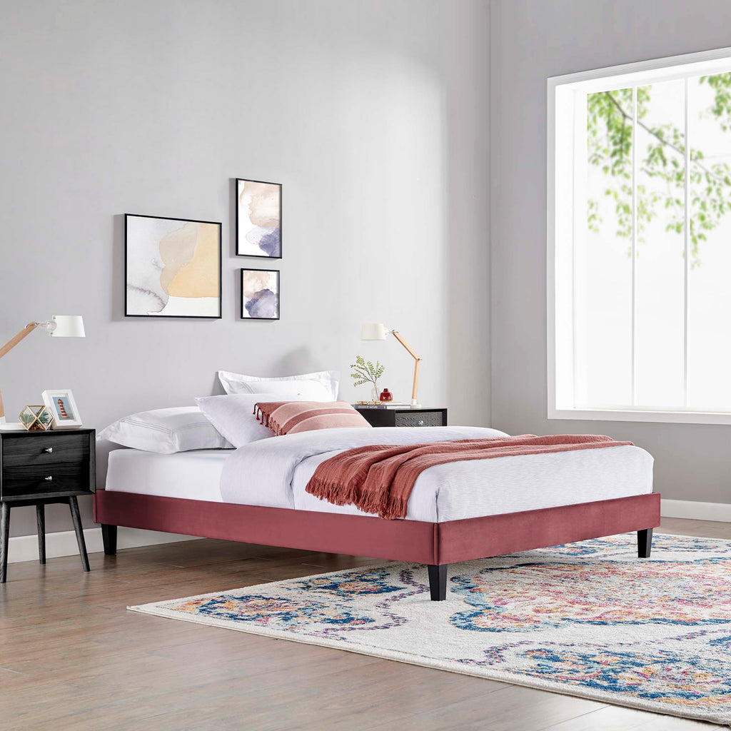 Reign Performance Velvet Queen Platform Bed Frame - Dusty Rose
