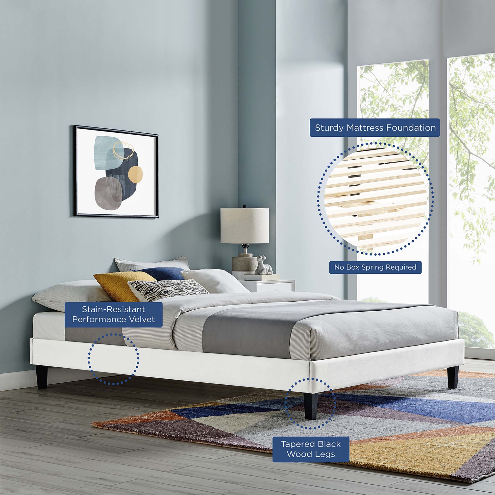 Reign Performance Velvet Queen Platform Bed Frame - White