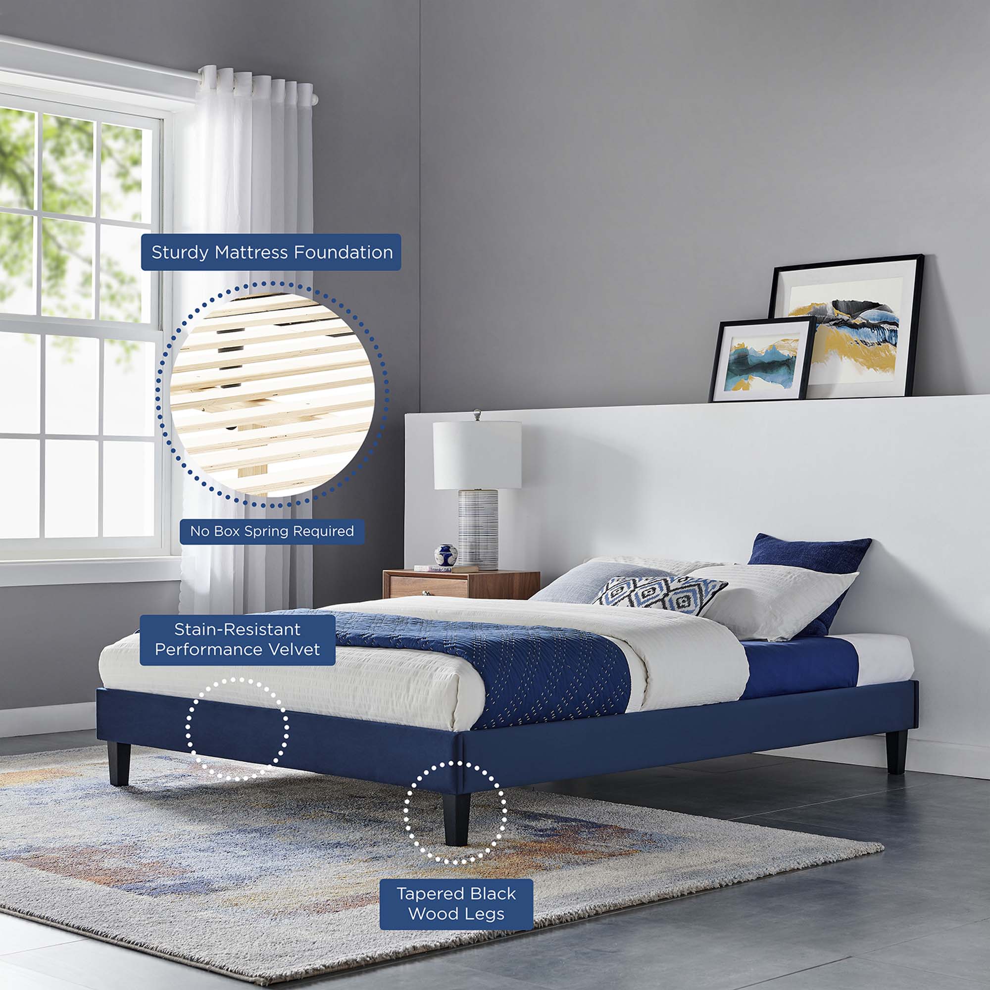 Reign Performance Velvet King Platform Bed Frame - Navy