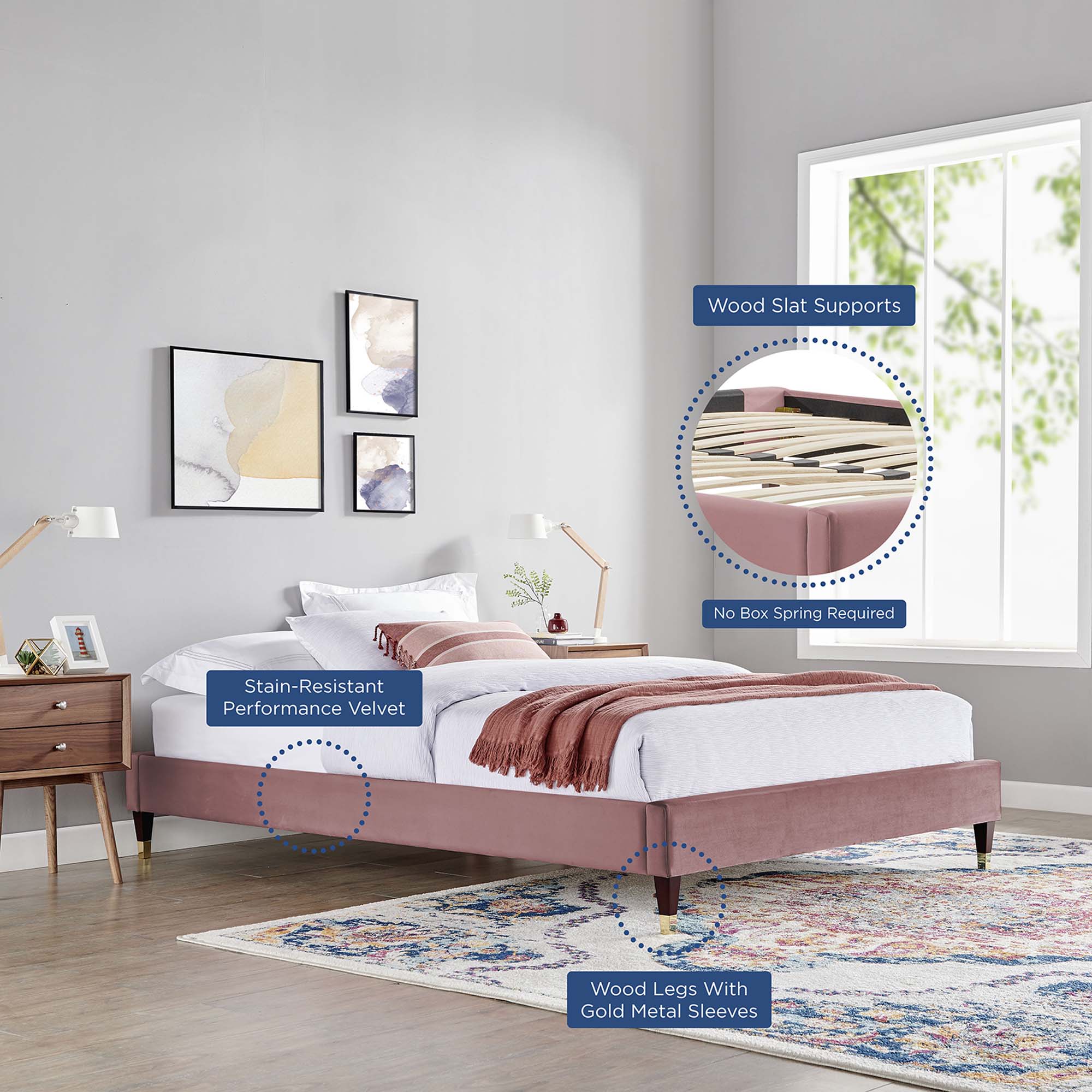 Harlow Performance Velvet Queen Platform Bed Frame - Dusty Rose