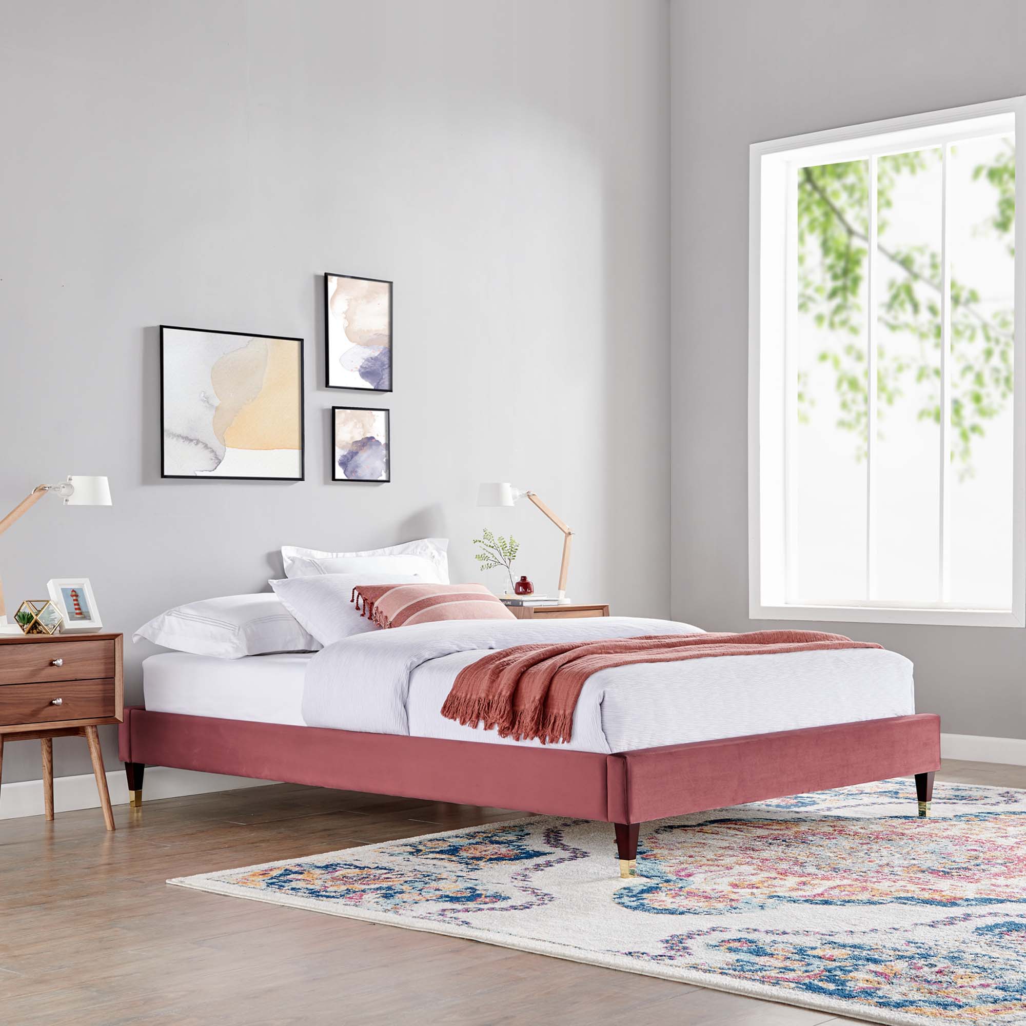 Harlow Performance Velvet Queen Platform Bed Frame - Dusty Rose