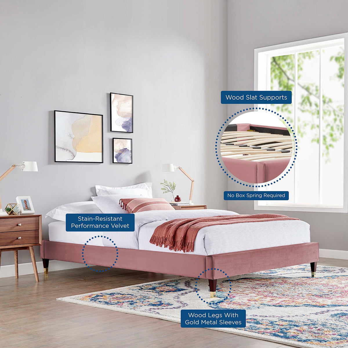 Harlow Performance Velvet King Platform Bed Frame - Dusty Rose