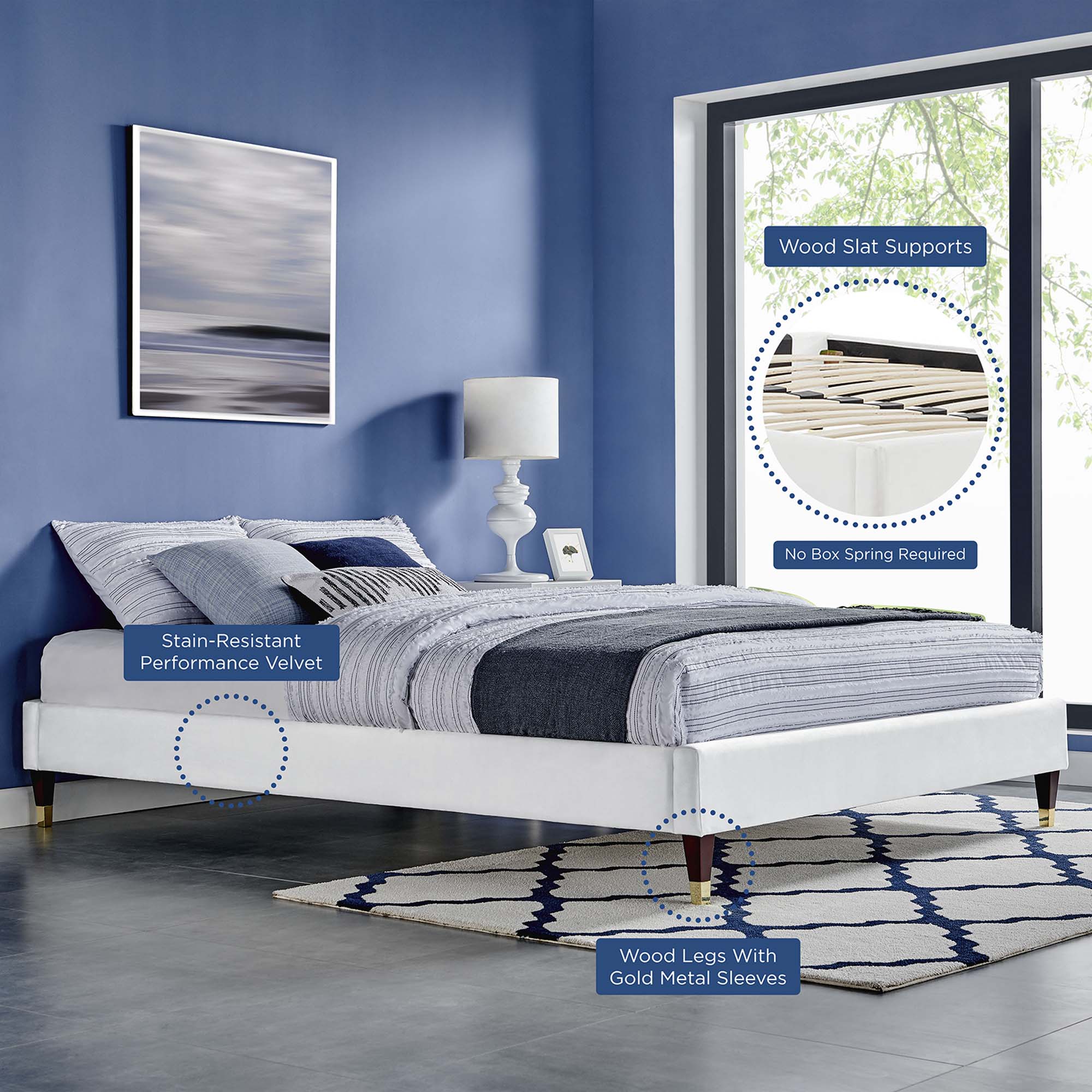 Harlow Performance Velvet King Platform Bed Frame - White
