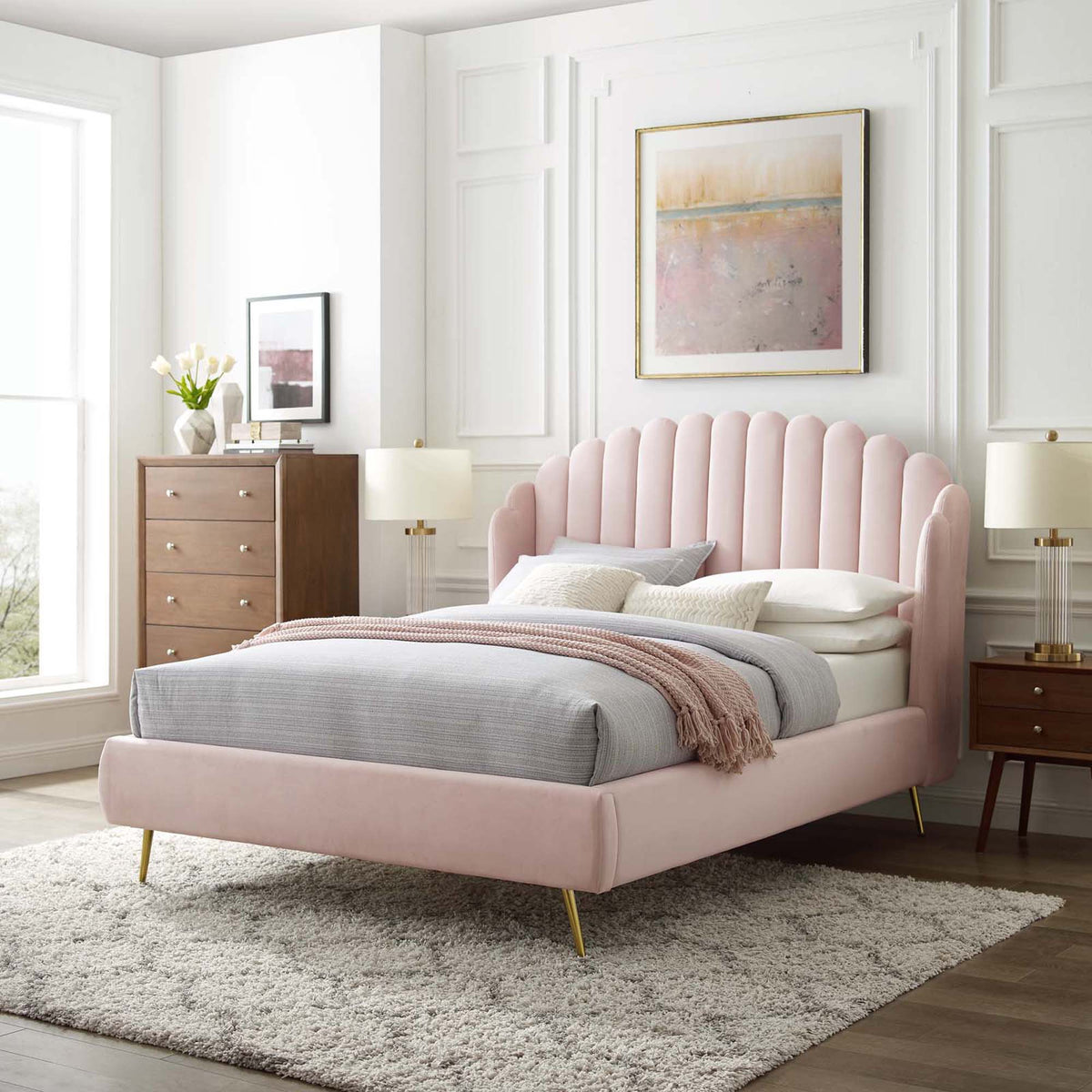 Lana Performance Velvet Queen Wingback Platform Bed - Pink