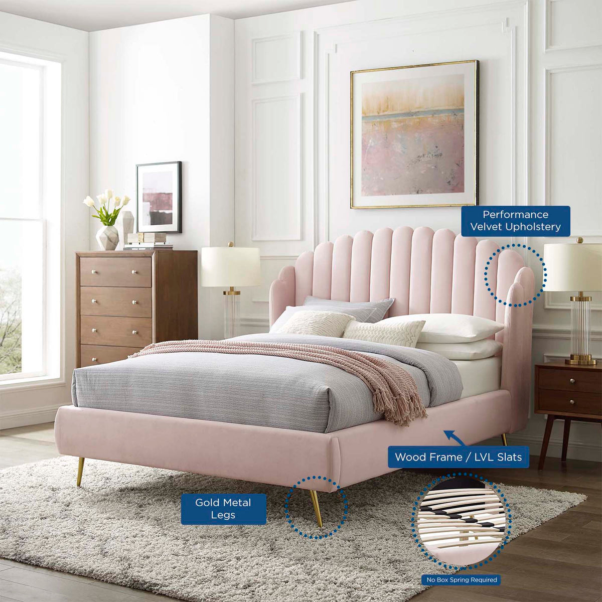 Lana Performance Velvet Queen Wingback Platform Bed - Pink