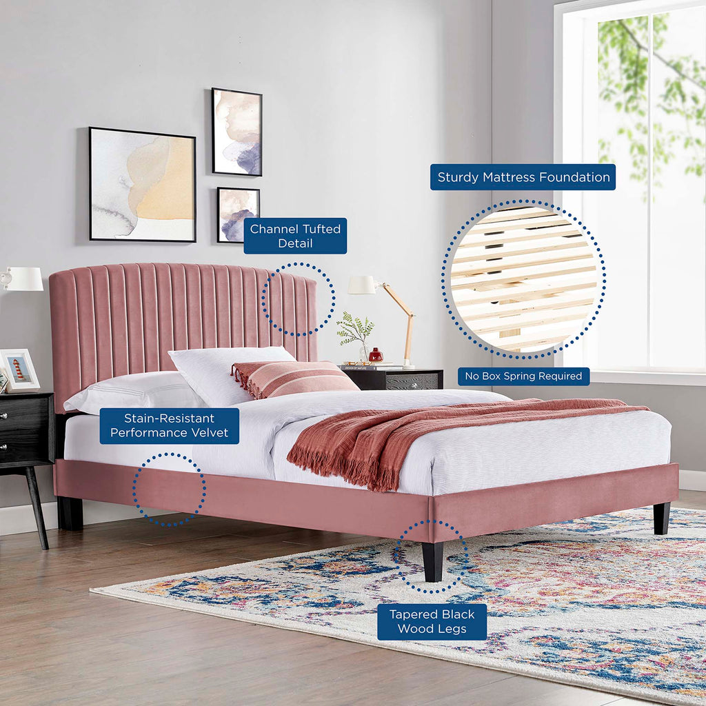 Alessi Tapered Wood Leg Performance Velvet Queen Platform Bed - Dusty Rose