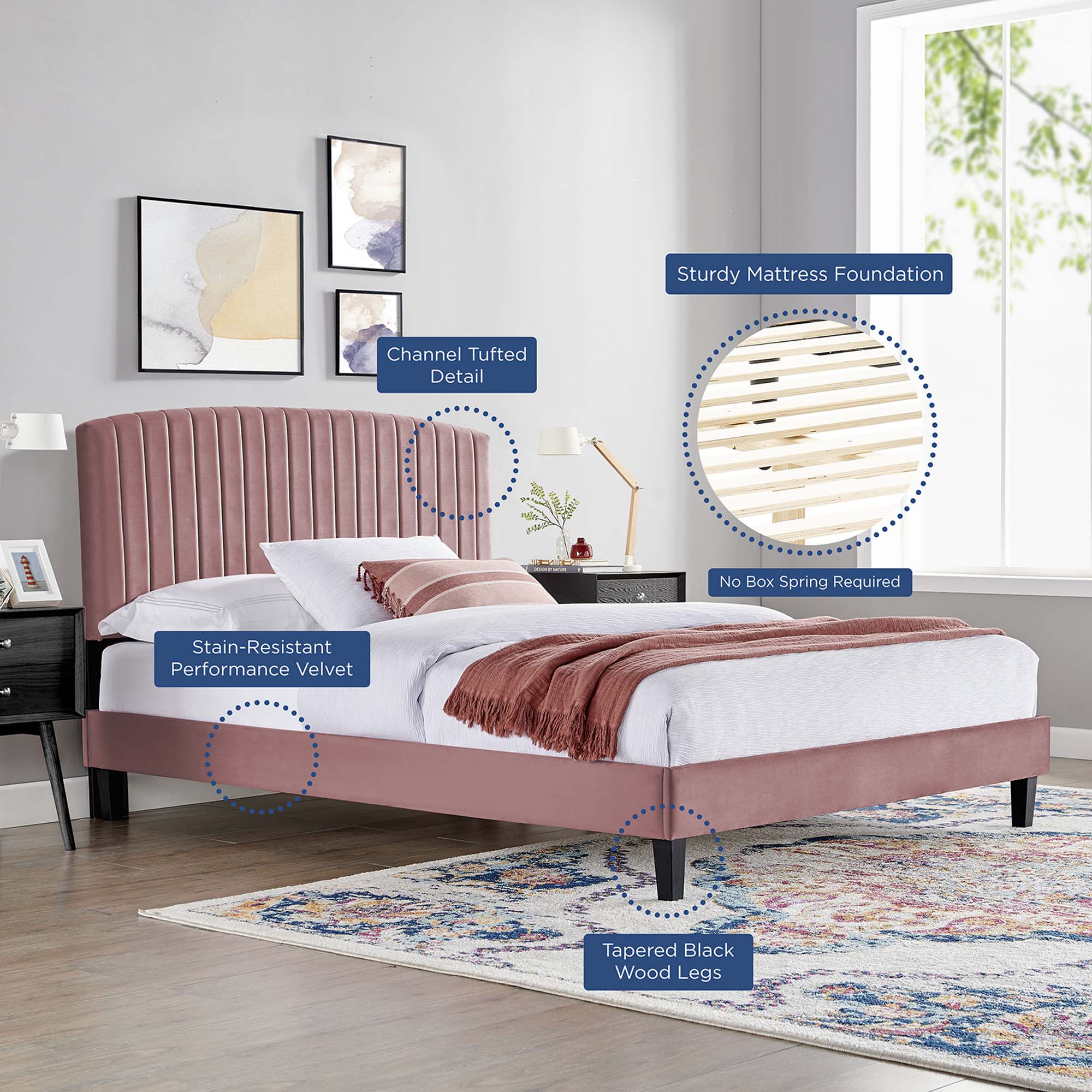 Alessi Tapered Wood Leg Performance Velvet Queen Platform Bed - Dusty Rose