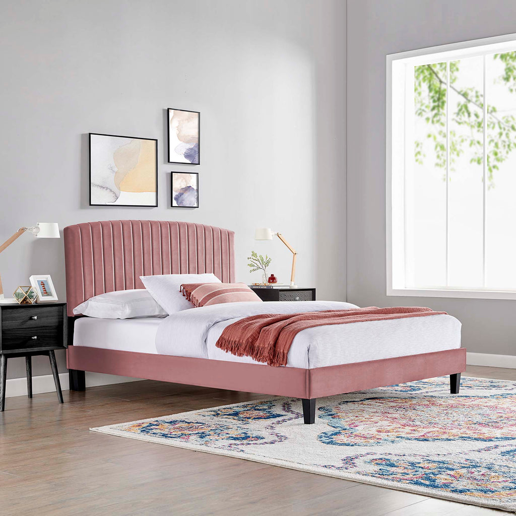 Alessi Tapered Wood Leg Performance Velvet Queen Platform Bed - Dusty Rose
