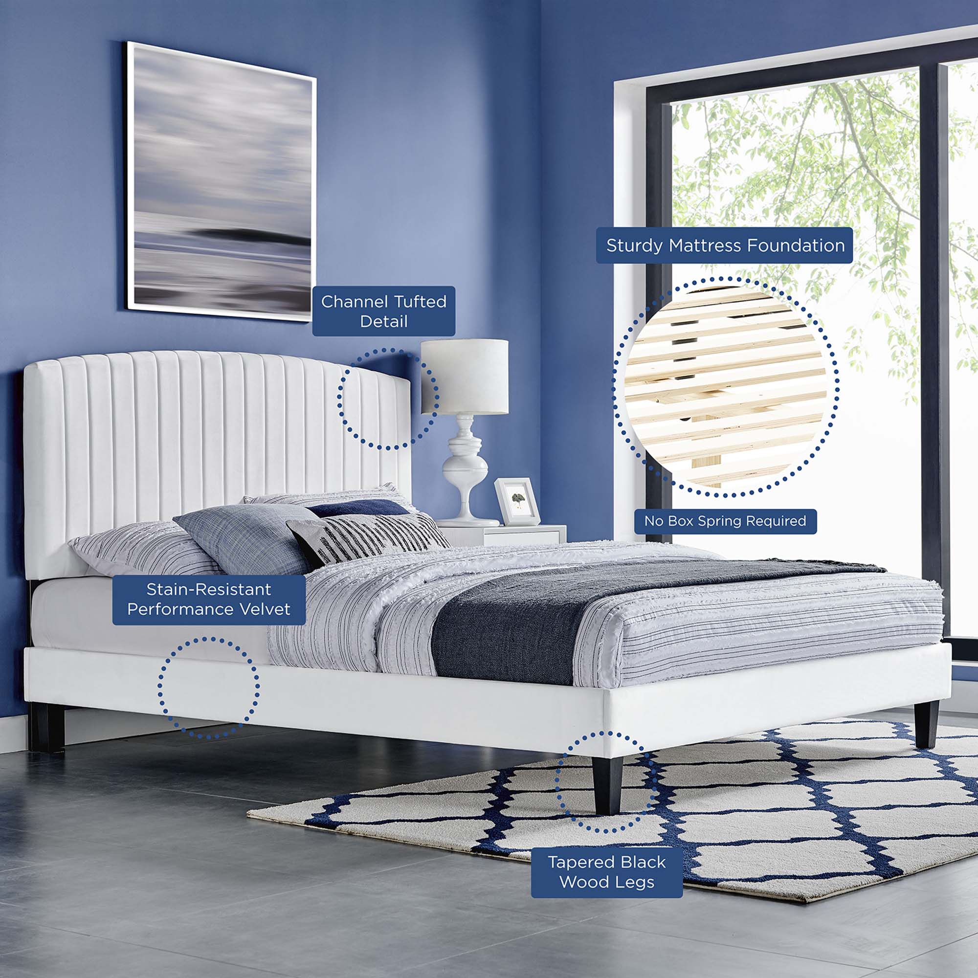 Alessi Tapered Wood Leg Performance Velvet Queen Platform Bed - White