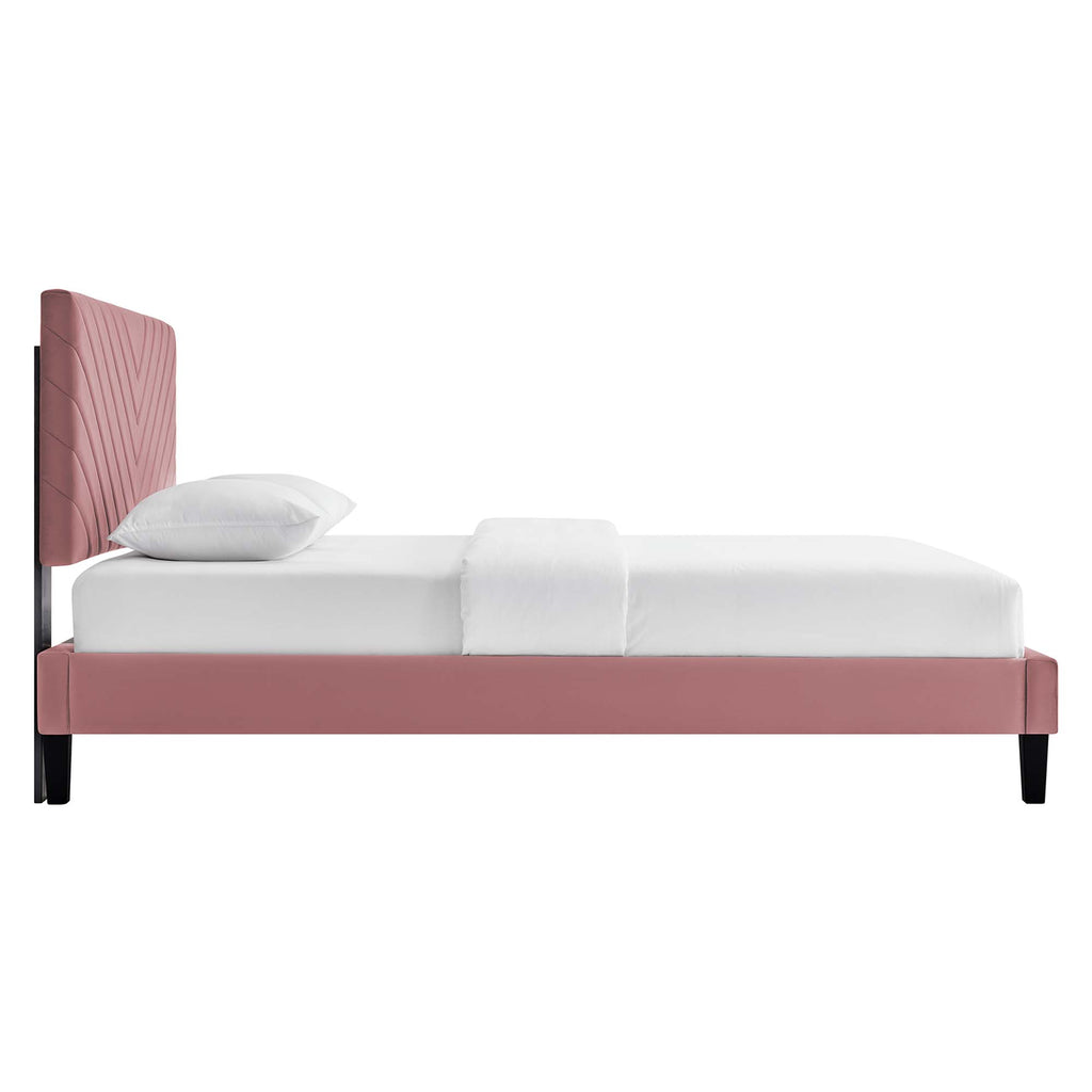 Roxanne Tapered Wood Leg Performance Velvet Queen Platform Bed - Dusty Rose
