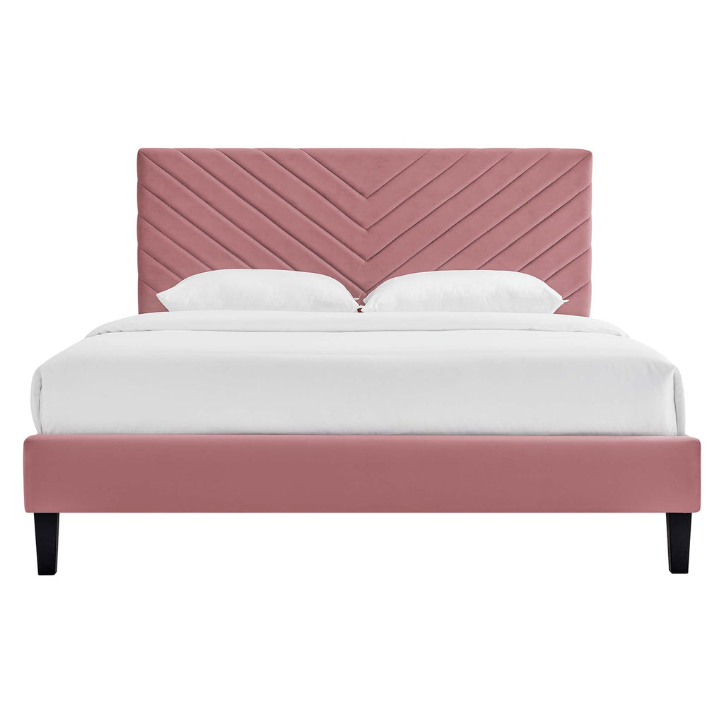 Roxanne Tapered Wood Leg Performance Velvet Queen Platform Bed - Dusty Rose