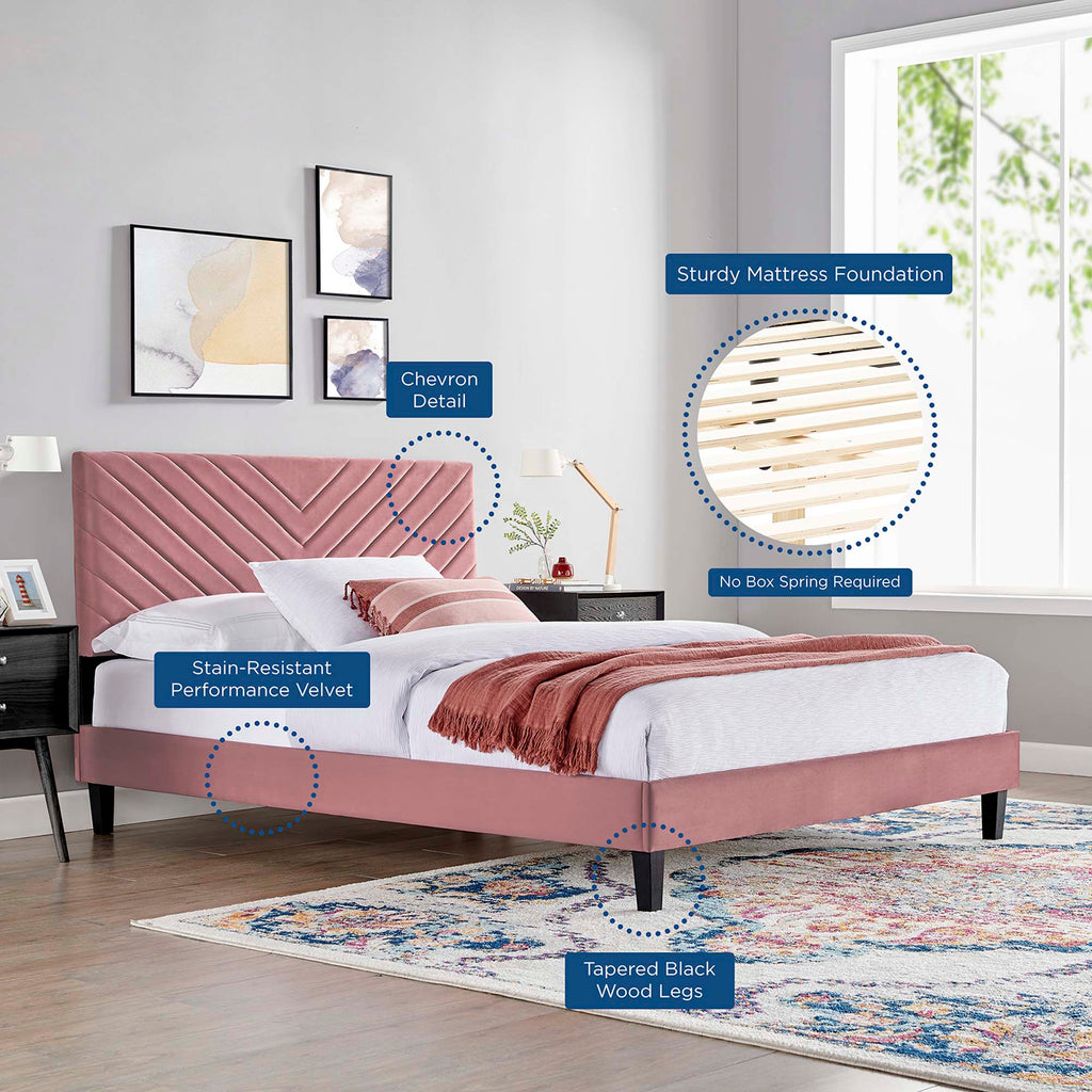 Roxanne Tapered Wood Leg Performance Velvet Queen Platform Bed - Dusty Rose